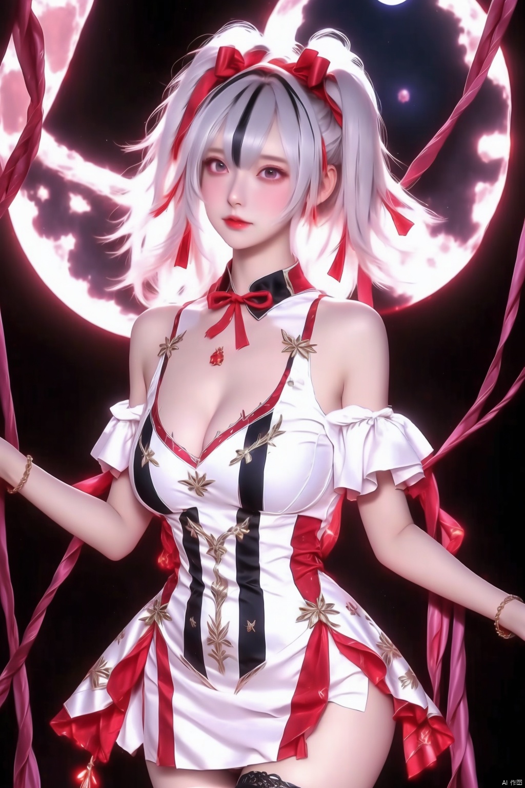 1girl solo breasts looking at viewer black hair thighhighs dress ribbon cleavage bare shoulders twintails jewelry medium breasts hair ribbon white hair multicolored hair white dress bracelet white thighhighs moon

