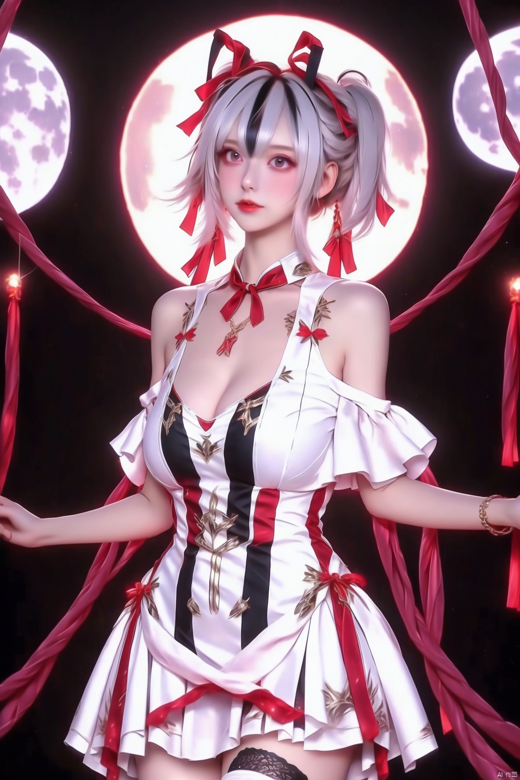 1girl solo breasts looking at viewer black hair thighhighs dress ribbon cleavage bare shoulders twintails jewelry medium breasts hair ribbon white hair multicolored hair white dress bracelet white thighhighs moon

