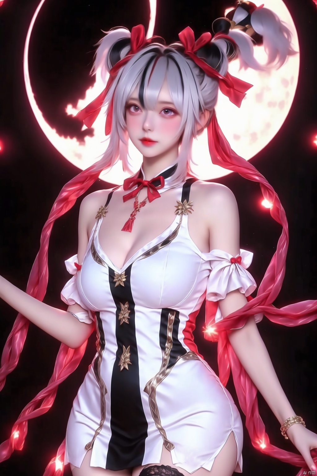 1girl solo breasts looking at viewer black hair thighhighs dress ribbon cleavage bare shoulders twintails jewelry medium breasts hair ribbon white hair multicolored hair white dress bracelet white thighhighs moon

