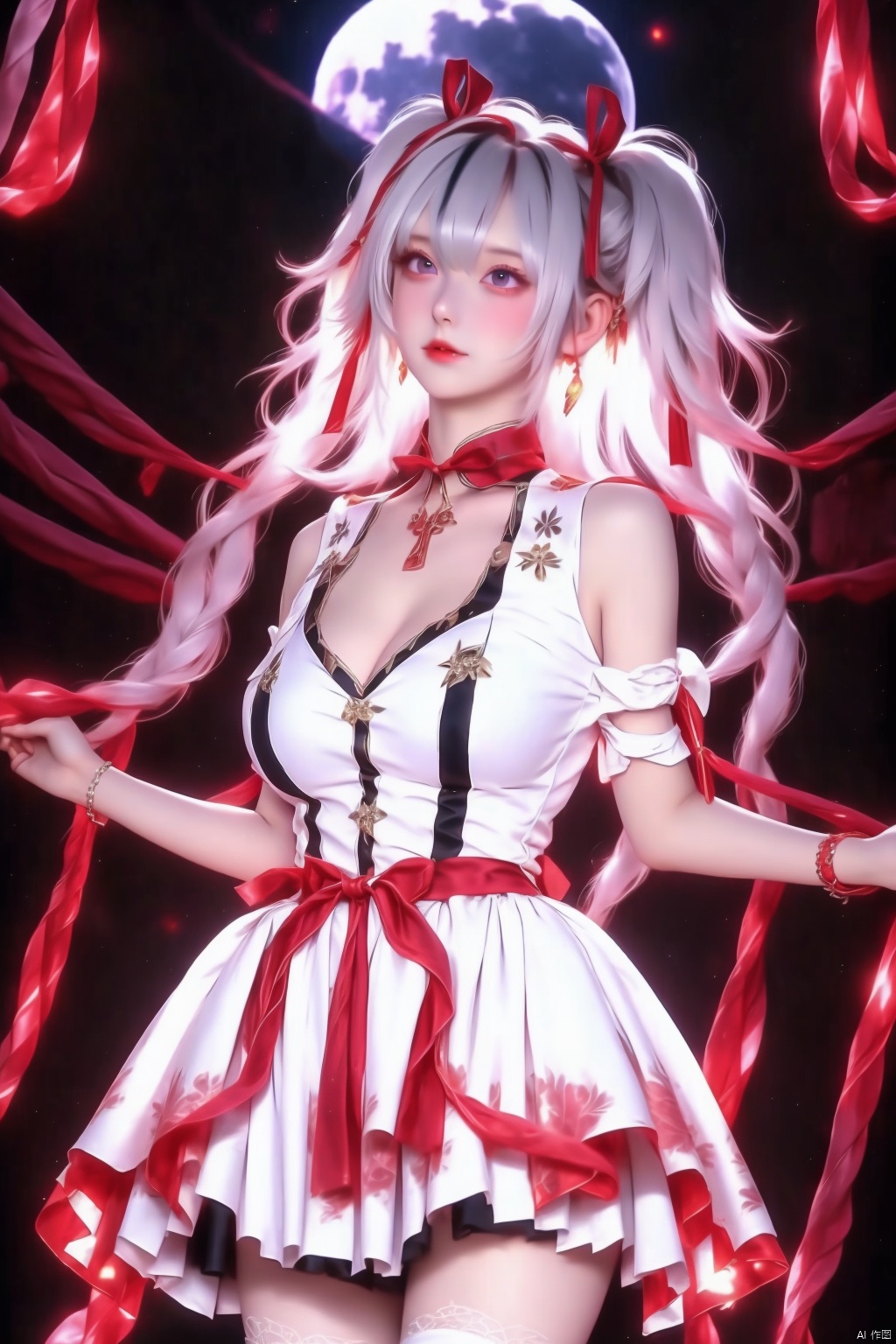 1girl solo breasts looking at viewer black hair thighhighs dress ribbon cleavage bare shoulders twintails jewelry medium breasts hair ribbon white hair multicolored hair white dress bracelet white thighhighs moon


