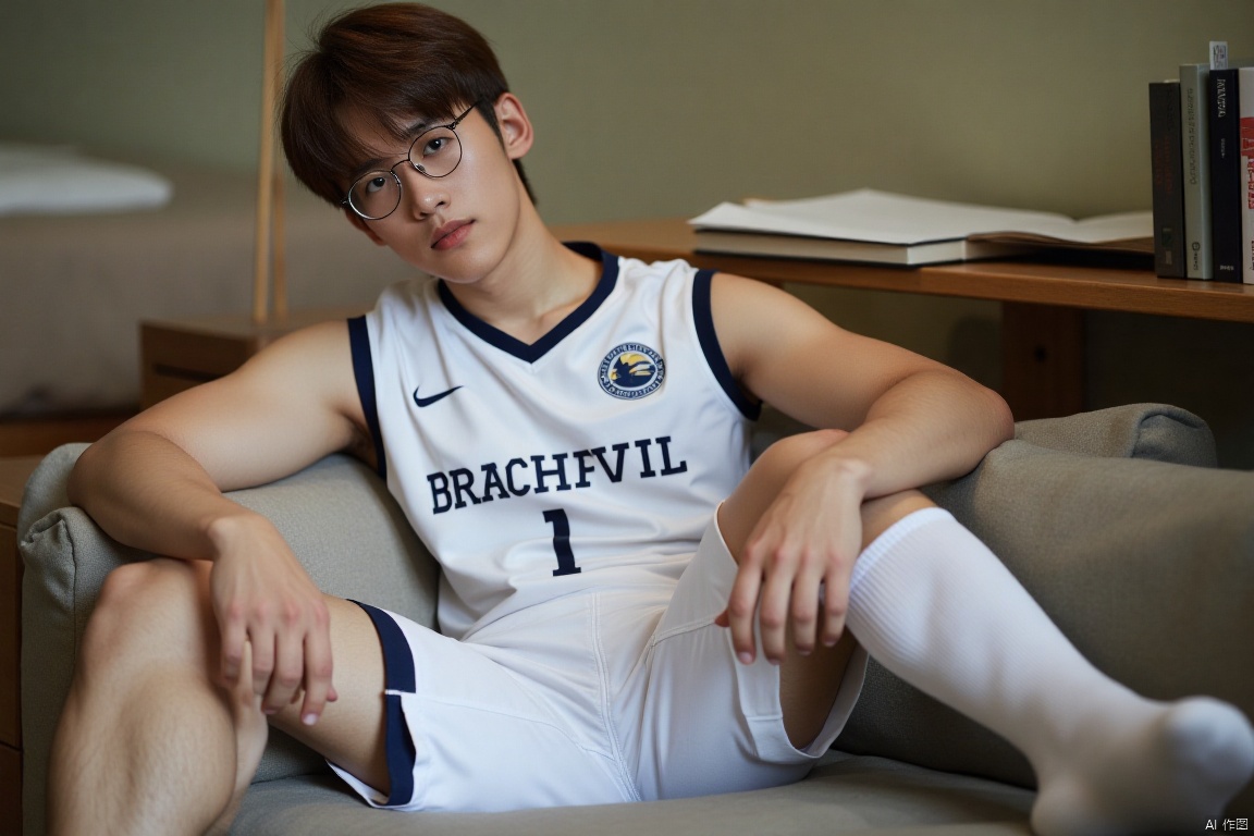 A young man wearing glasses sits comfortably on a couch, wearing a white sports jersey and matching shorts with visible leg hair. He has on white knee-high socks. The scene is set indoors in a student dormitory room, with a calm atmosphere and soft lighting. The subject's pose is relaxed, with one hand resting on the armrest and the other holding a book 