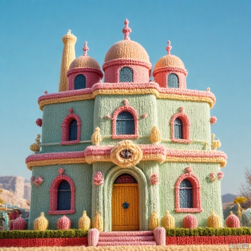 villa,Macaron color,creative, whimsical, textured, handmade, sunny day, outdoor scene, close-up, high-resolution, fantasy, attention to detail, craftsmanship,furry-world