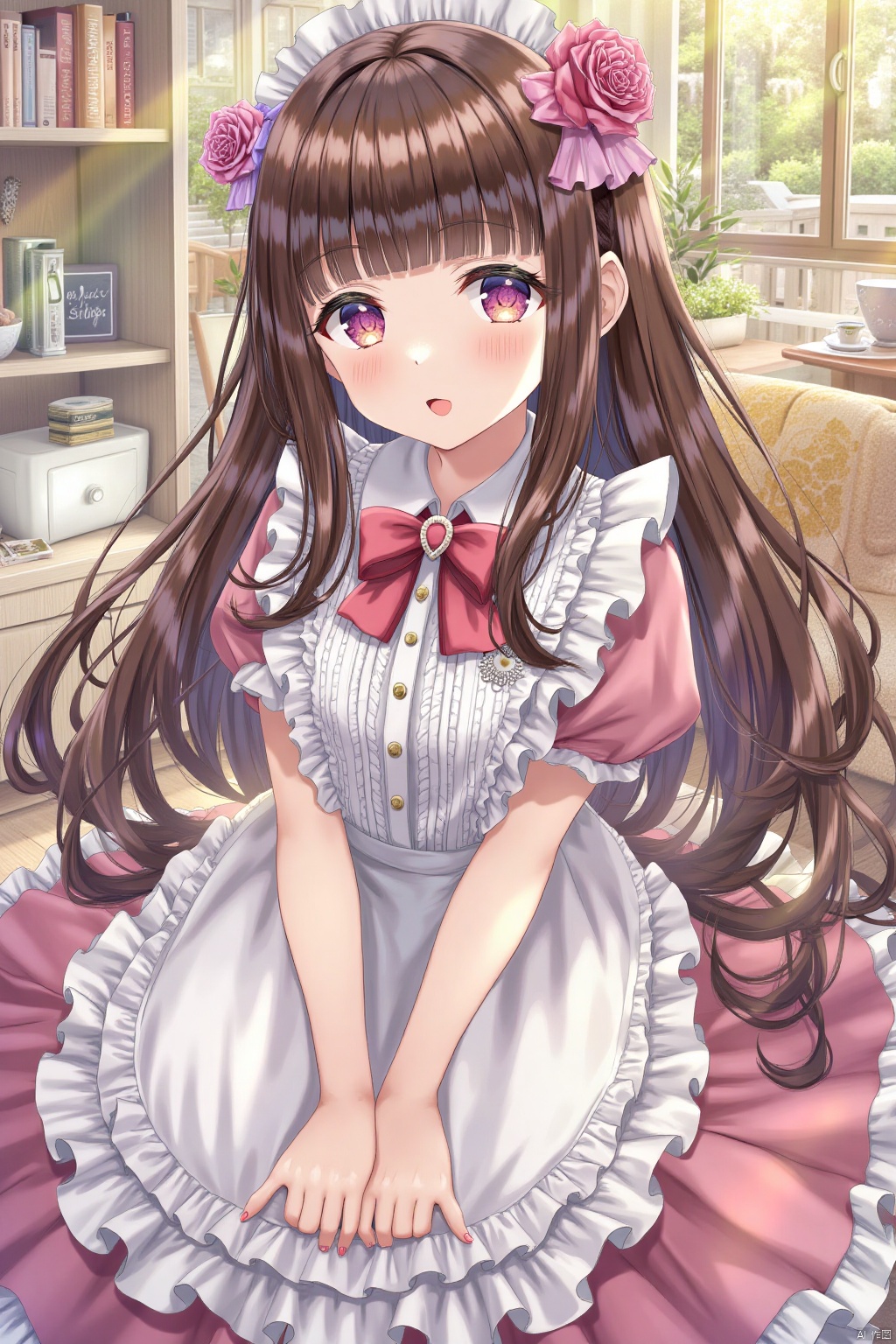 1girl, solo, long hair, looking at viewer, bangs, brown hair, dress, bow, flower, frills, indoors, blunt bangs, frilled dress, realistic