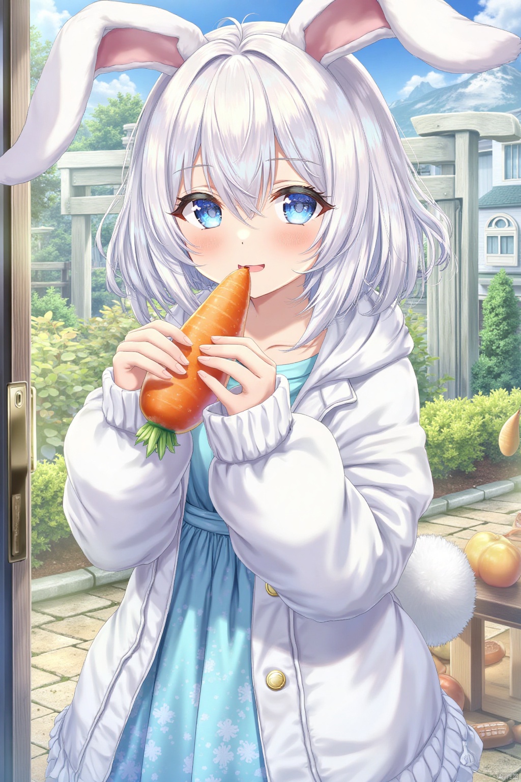 1girl, solo, looking at viewer, blush, smile, short hair, blue eyes, long sleeves, dress, holding, animal ears, jacket, tail, white hair, outdoors, food, open clothes, rabbit ears, tree, animal ear fluff, blue dress, eating, white jacket, holding food, rabbit tail, furry, rabbit girl, furry female, female child, carrot