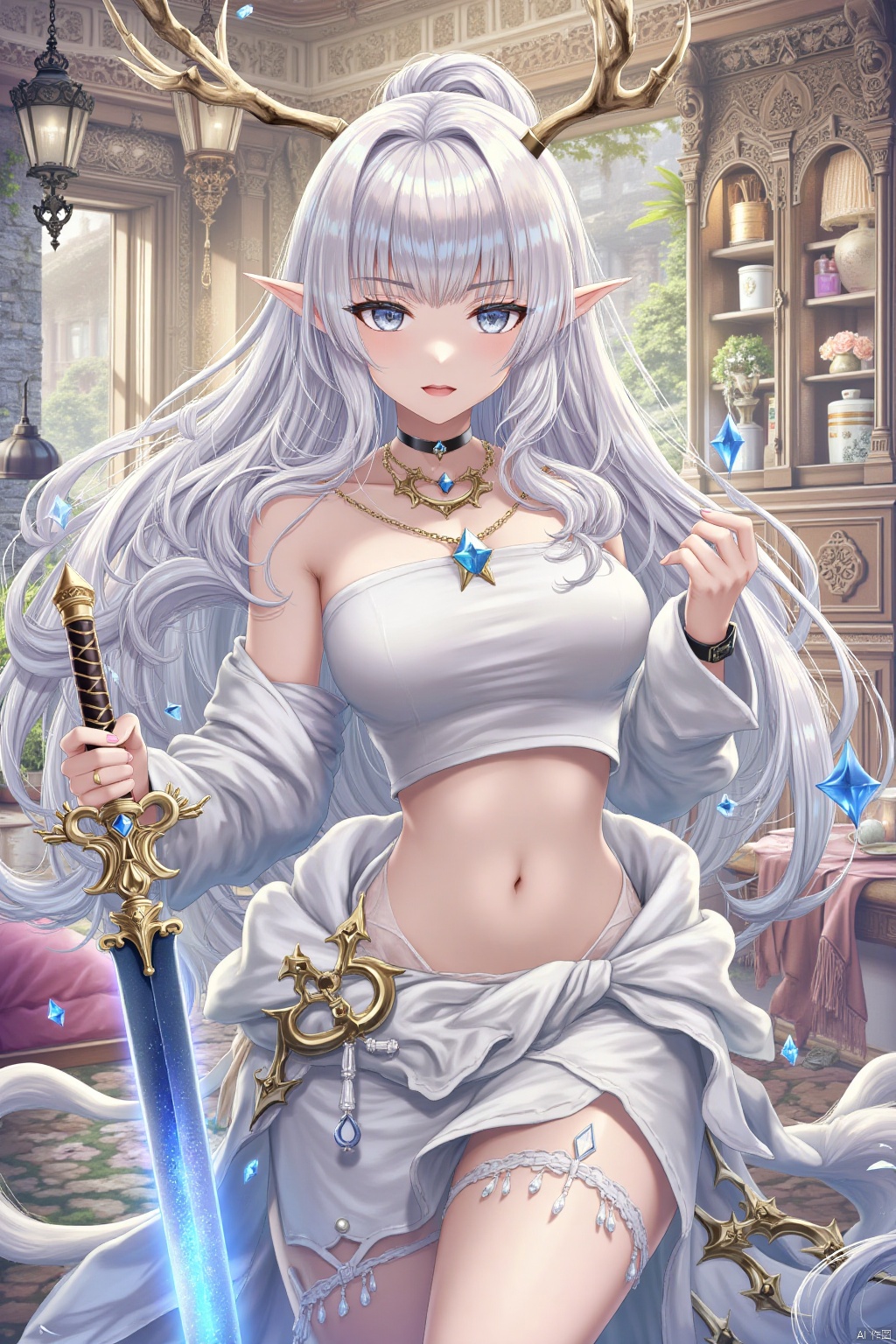 1girl, solo, long hair, breasts, looking at viewer, bangs, navel, holding, cleavage, bare shoulders, jewelry, medium breasts, weapon, white hair, parted lips, pointy ears, sword, indoors, necklace, holding weapon, lips, grey eyes, holding sword, realistic, antlers
