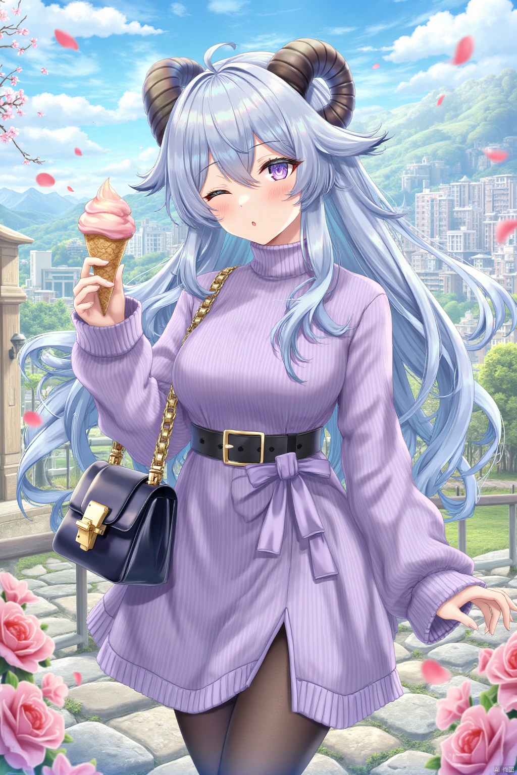 1girl, solo, long hair, breasts, looking at viewer, blush, bangs, long sleeves, dress, holding, hair between eyes, closed mouth, blue hair, purple eyes, flower, ahoge, pantyhose, sidelocks, outdoors, food, horns, sky, alternate costume, day, belt, cloud, bag, sweater, black pantyhose, petals, holding food, casual, purple dress, brown pantyhose, handbag, ice cream, sweater dress, goat horns, falling petals, ice cream cone, purple sweater, ganyu \(genshin impact\)