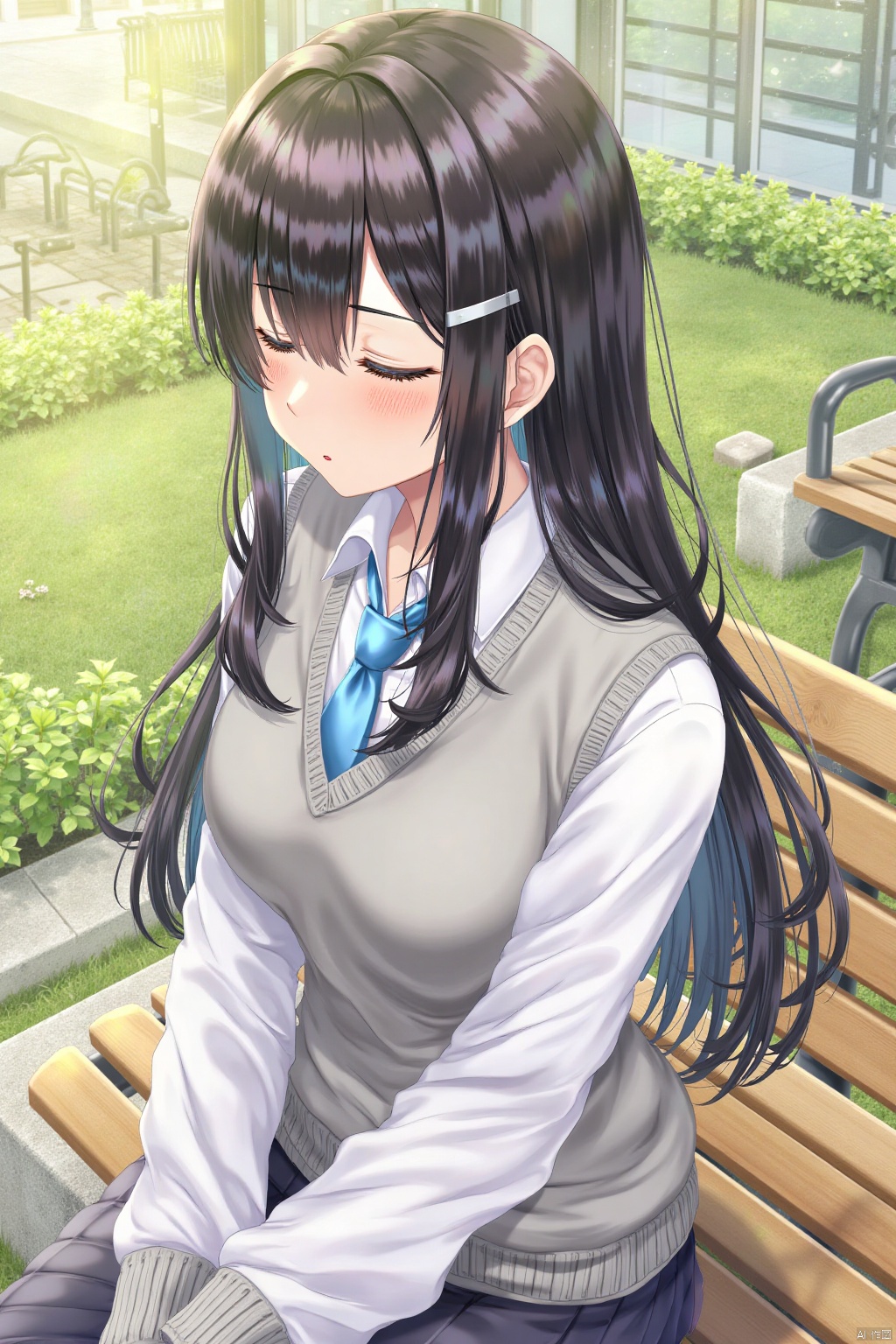 1girl, solo, long hair, blush, bangs, shirt, black hair, hair ornament, long sleeves, sitting, closed mouth, school uniform, closed eyes, white shirt, upper body, outdoors, necktie, collared shirt, from side, profile, grass, sweater vest, blue necktie, bench