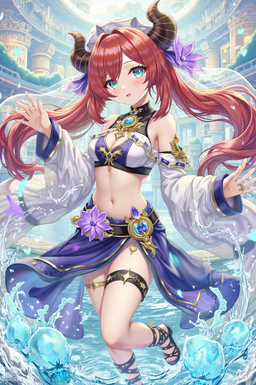 1girl, solo, long hair, breasts, looking at viewer, blush, bangs, skirt, long sleeves, navel, twintails, jewelry, flower, red hair, parted lips, detached sleeves, horns, puffy sleeves, water, stomach, arm up, aqua eyes, blue skirt, crop top, parted bangs, floating hair, sandals, standing on one leg, brooch, veil, puffy long sleeves, gold trim, circlet, purple flower, vision \(genshin impact\), fake horns, bracer, thighlet, dancing, neck ring, dancer, harem outfit, gladiator sandals, nilou \(genshin impact\)