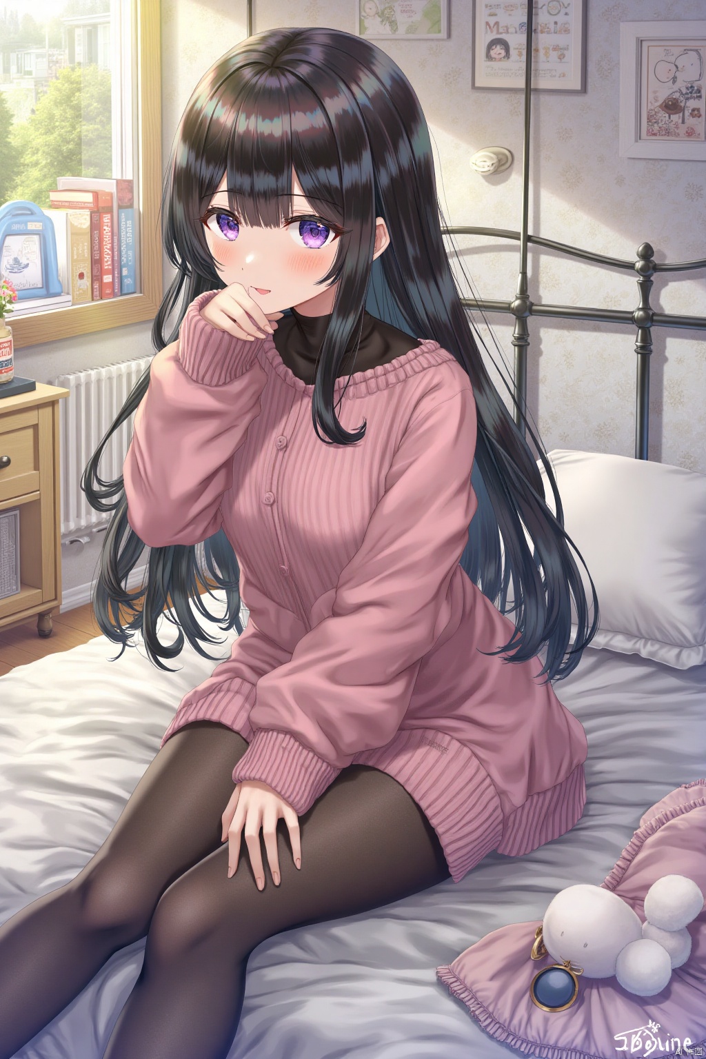 1girl, solo, long hair, looking at viewer, black hair, sitting, pantyhose, collar, feet, lips, bed, no shoes, crossed legs, realistic