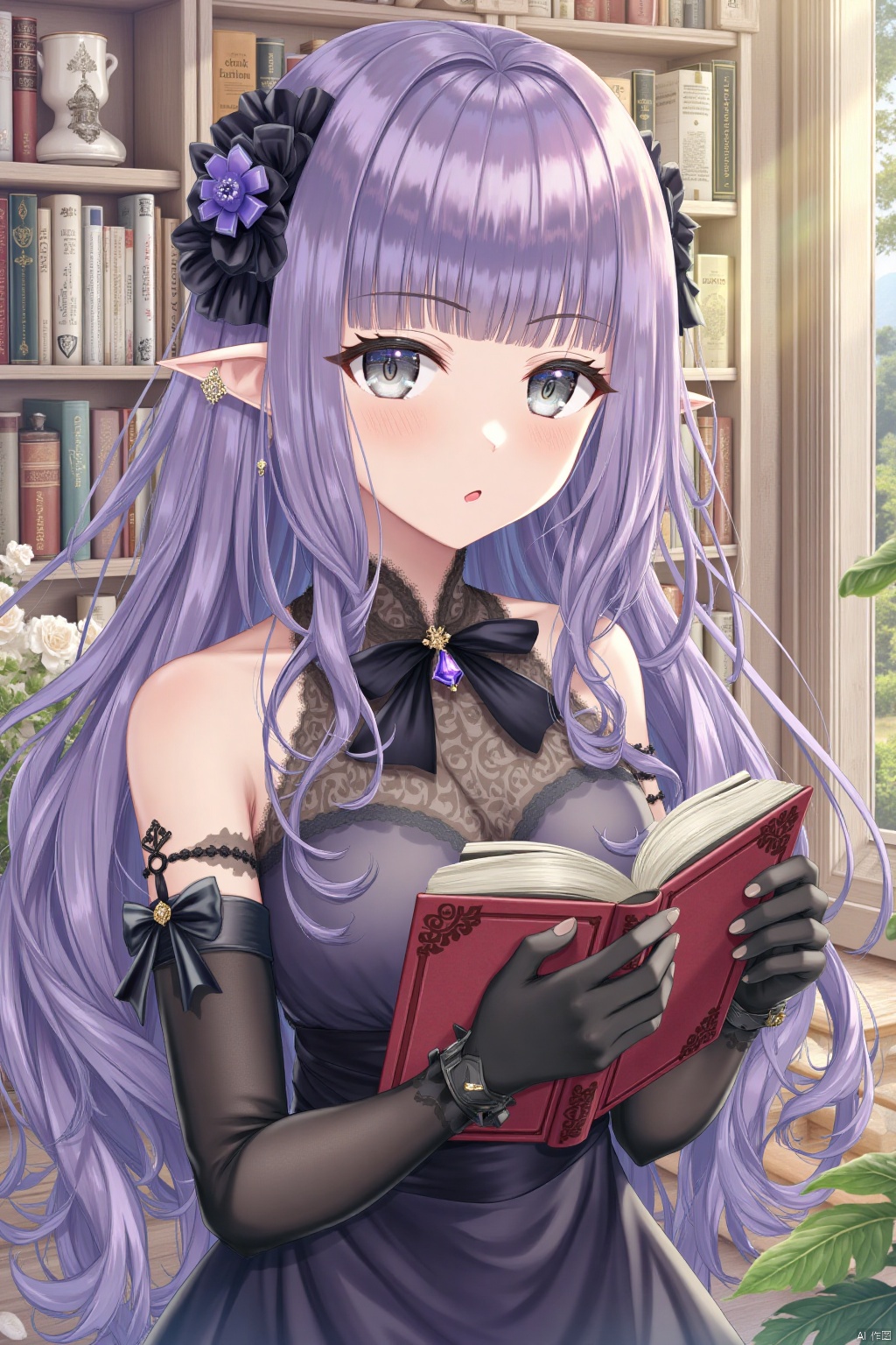 1girl, solo, long hair, breasts, looking at viewer, bangs, hair ornament, gloves, dress, bare shoulders, jewelry, purple hair, earrings, pointy ears, black gloves, elbow gloves, indoors, blunt bangs, black dress, lips, grey eyes, book