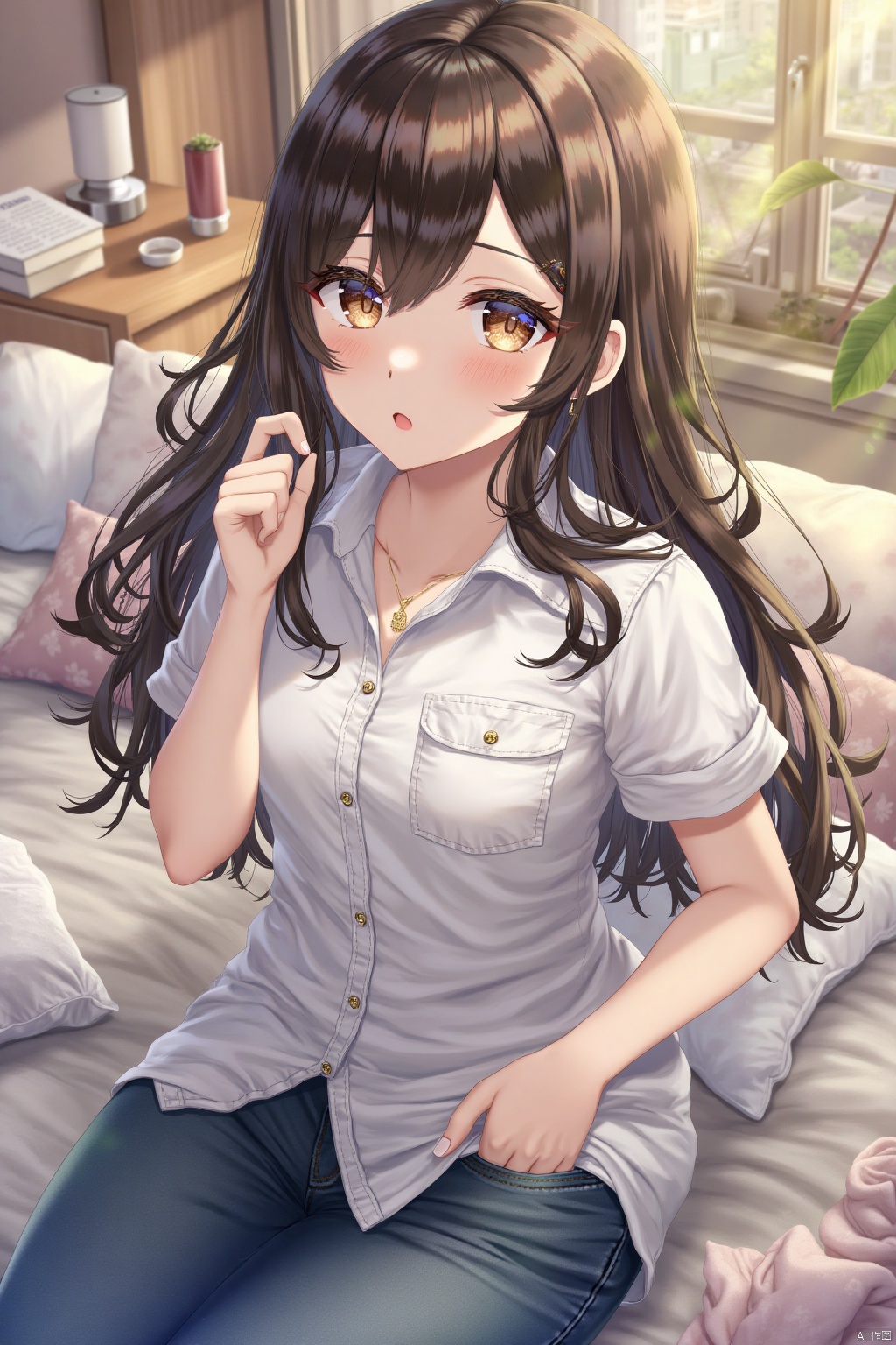 1girl, solo, long hair, looking at viewer, brown hair, shirt, black hair, brown eyes, sitting, parted lips, pants, indoors, blurry, lips, pillow, bed, buttons, blurry background, on bed, denim, pocket, hand in pocket, jeans, lamp, breast pocket