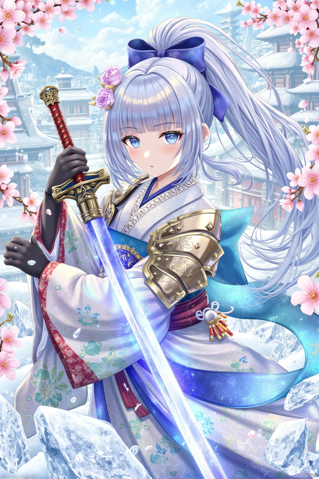1girl, solo, long hair, looking at viewer, bangs, blue eyes, skirt, hair ornament, gloves, ribbon, holding, blue hair, hair ribbon, ponytail, weapon, flower, sidelocks, japanese clothes, black gloves, sword, wide sleeves, blunt bangs, holding weapon, armor, mole, mole under eye, holding sword, floral print, katana, cherry blossoms, tassel, bridal gauntlets, ice, breastplate, japanese armor, architecture, arm guards, kamisato ayaka