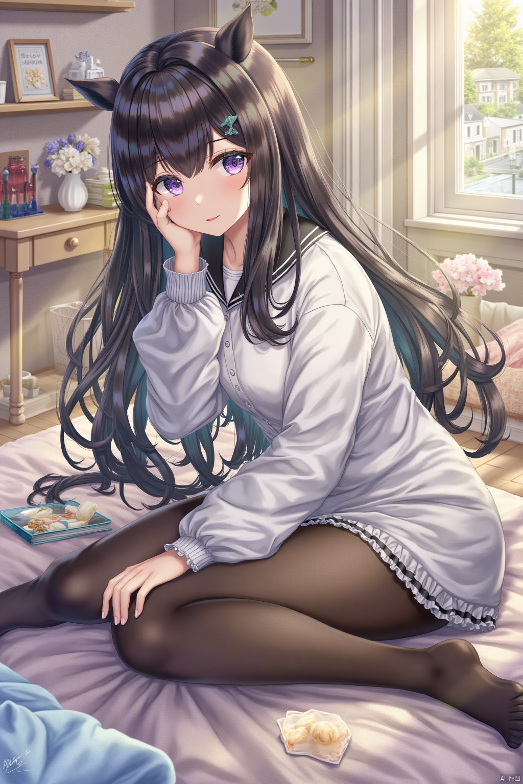 1girl, solo, long hair, looking at viewer, black hair, sitting, pantyhose, collar, feet, lips, bed, no shoes, crossed legs, realistic