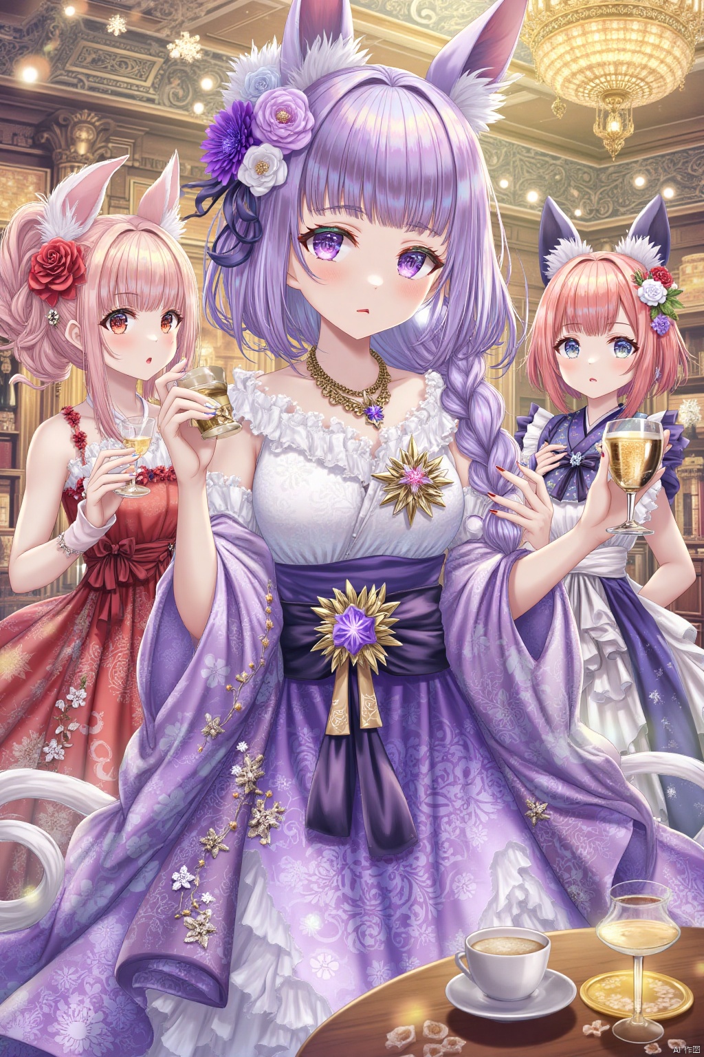 long hair, breasts, looking at viewer, bangs, multiple girls, large breasts, hair ornament, dress, holding, 2girls, animal ears, jewelry, standing, purple eyes, pink hair, purple hair, braid, flower, earrings, parted lips, solo focus, alternate costume, indoors, hair flower, 3girls, necklace, nail polish, mole, cup, fox ears, mole under eye, single braid, red dress, table, holding cup, purple dress, drinking glass, braided ponytail, purple flower, purple nails, wine glass, champagne flute, chandelier, raiden shogun, yae miko