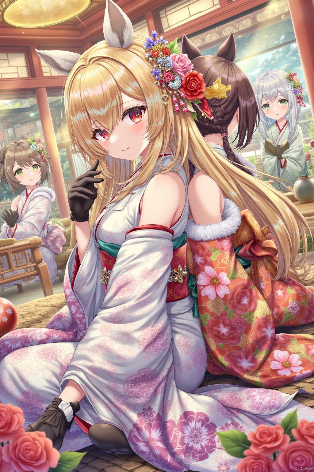 long hair, breasts, looking at viewer, blush, smile, bangs, multiple girls, blonde hair, brown hair, hair ornament, red eyes, gloves, long sleeves, 2girls, animal ears, bare shoulders, sitting, closed mouth, green eyes, flower, japanese clothes, black gloves, looking back, indoors, hair flower, wide sleeves, kimono, off shoulder, floral print, red flower, pink flower, ball, sliding doors