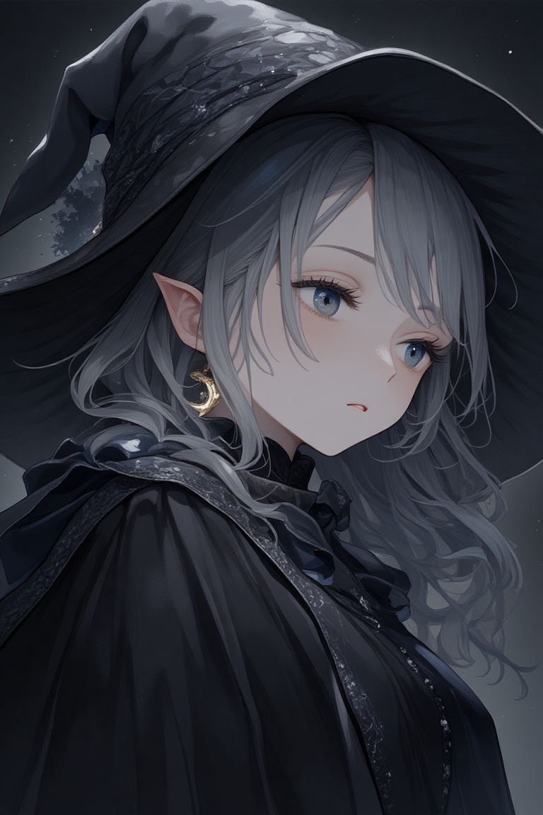 gray hair,  black witch clothes,  moon earrings on Tensor.Art