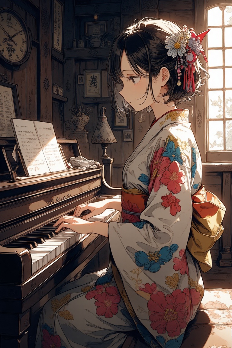 A girl in a kimono is playing the piano on Tensor.Art