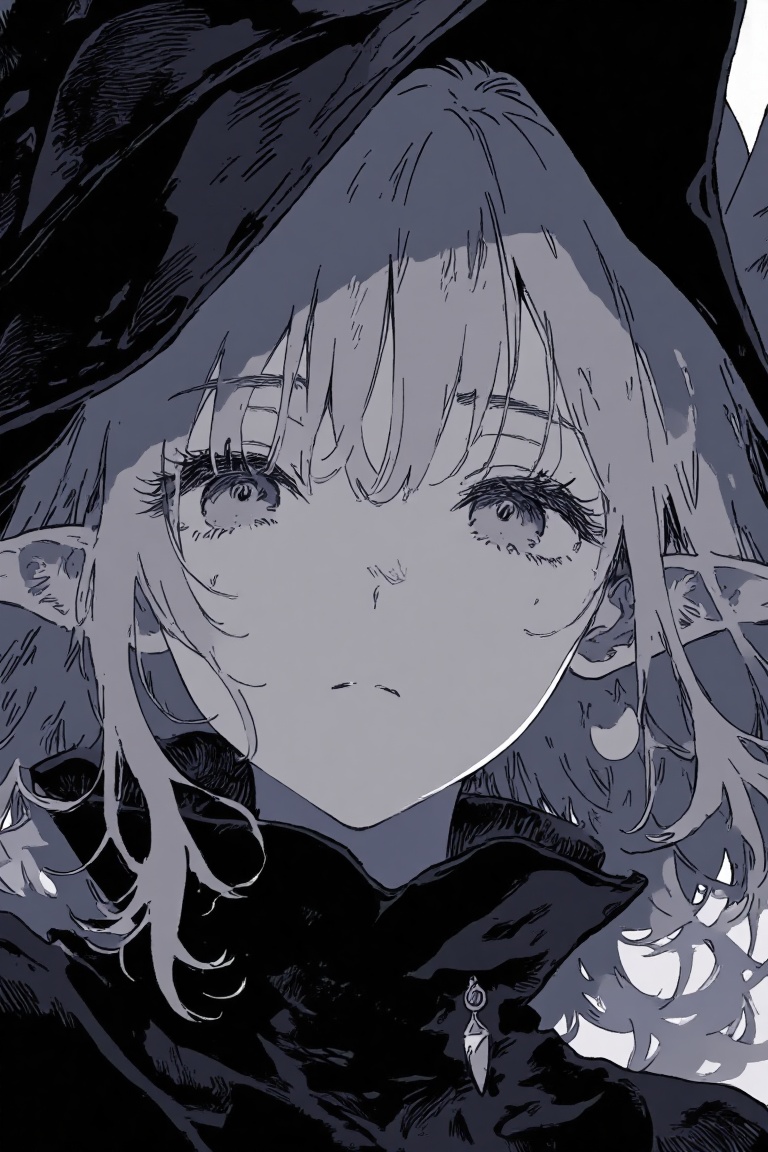 gray hair,  black witch clothes,  moon earrings on Tensor.Art