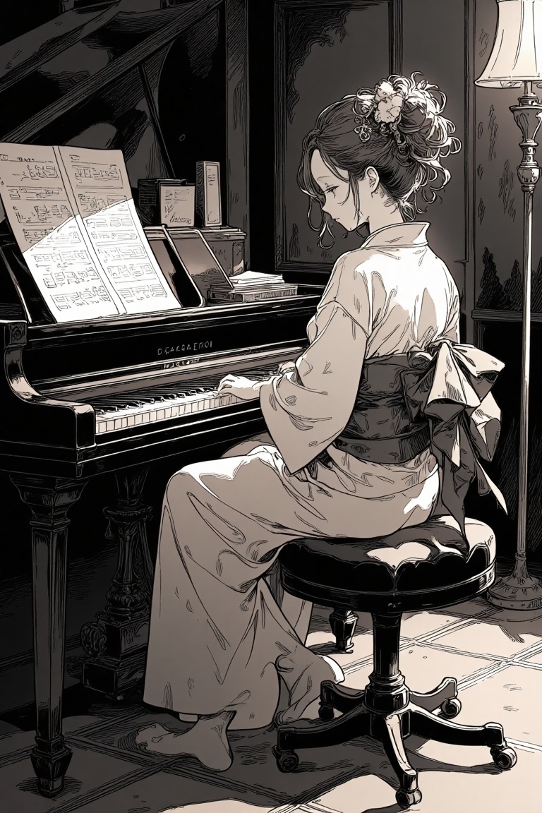 A girl in a kimono is playing the piano on Tensor.Art