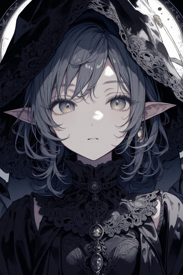 gray hair,  black witch clothes,  moon earrings on Tensor.Art