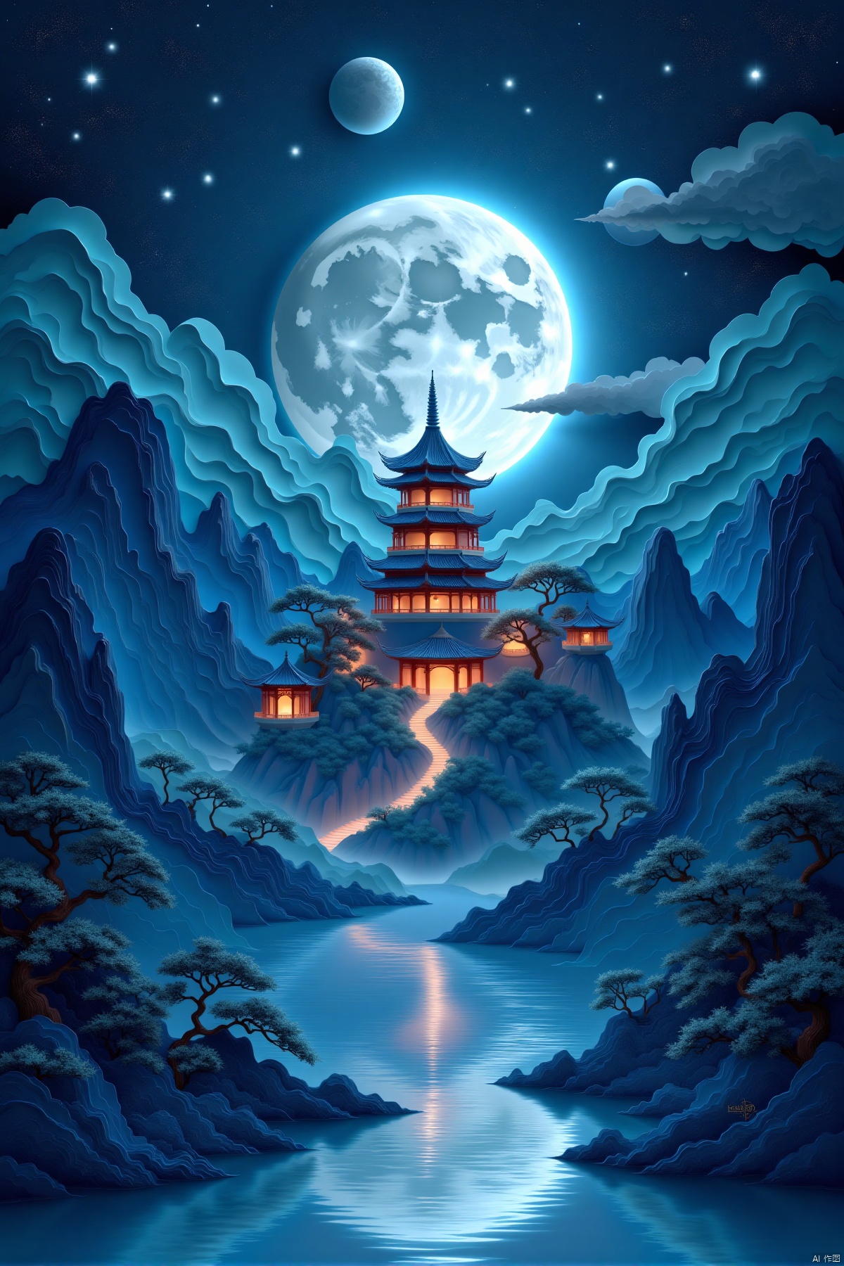 (blue theme,tie dyeing,Chinese palace on the moon,distant light,volumetric lighting,galactic atmosphere,Roger Dean style,Mucha style,Moebius style,best quality,4k,8k,highres,masterpiece:1.2),ultra-detailed,realistic,photorealistic,photo-realistic:1.37,ethereal glow,nebula,cosmic clouds,celestial bodies,ancient architecture,traditional Chinese design,moonlit night,soft shadows,reflections,glowing lights,serene ambiance,deep space,stars,planets,fantasy,sci-fi,illustration,rich colors,atmospheric perspective,translucent,shimmering,smooth gradients,flowing patterns,harmonious,tranquil,peaceful,otherworldly,immersive,visually stunning