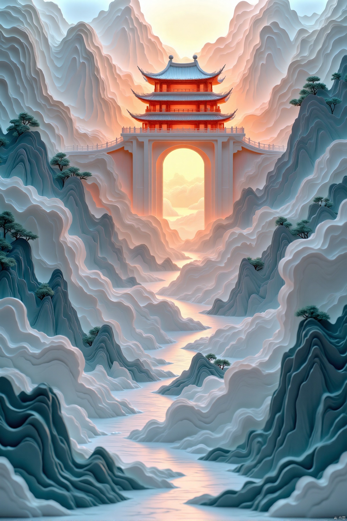 (Nan Tian Men shrouded in mist and clouds,ethereal Chinese ancient style illustration,wide angle lens view,God rays penetrating the mist,iridescent light and shadow,3D mystical realm,super realism),(best quality,4k,8k,highres,masterpiece:1.2),ultra-detailed,(realistic,photorealistic,photo-realistic:1.37),HDR,UHD,studio lighting,ultra-fine painting,sharp focus,physically-based rendering,extreme detail description,professional,vivid colors,bokeh,atmospheric perspective,soft pastel tones,subtle color gradients,serene and tranquil atmosphere,clouds and mist interwoven,large areas of negative space,ancient Chinese architecture,heavenly gateway,fantasy landscape,otherworldly scene,dreamlike ambiance,mythical and mysterious,translucent and glowing clouds,glowing light beams,enchanted and magical,beautifully composed and balanced,artistic and poetic,visually stunning and captivating,mesmerizing and enchanting