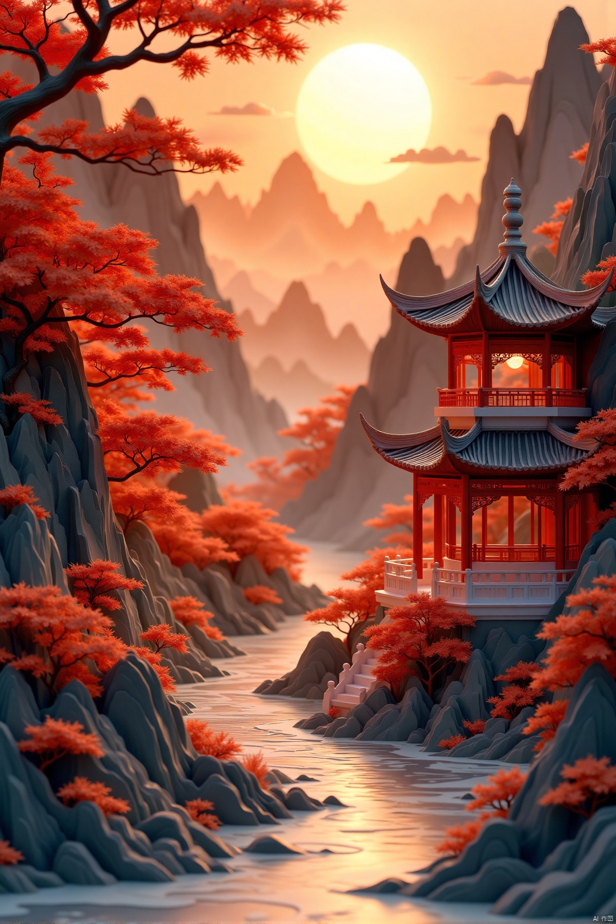 (best quality,4k,8k,highres,masterpiece:1.2),ultra-detailed,(realistic,photorealistic,photo-realistic:1.37),ancient Chinese architecture,serene mountains and rivers,red atmosphere,strong contrast,traditional Chinese elements,dragon motifs,ornate rooftops,detailed carvings,stone pathways,flowing water,autumn leaves,evening sky,soft golden light,shadows,sharp focus,physically-based rendering,extreme detail description,professional,vivid colors,bokeh,landscape,concept art,wallpaper