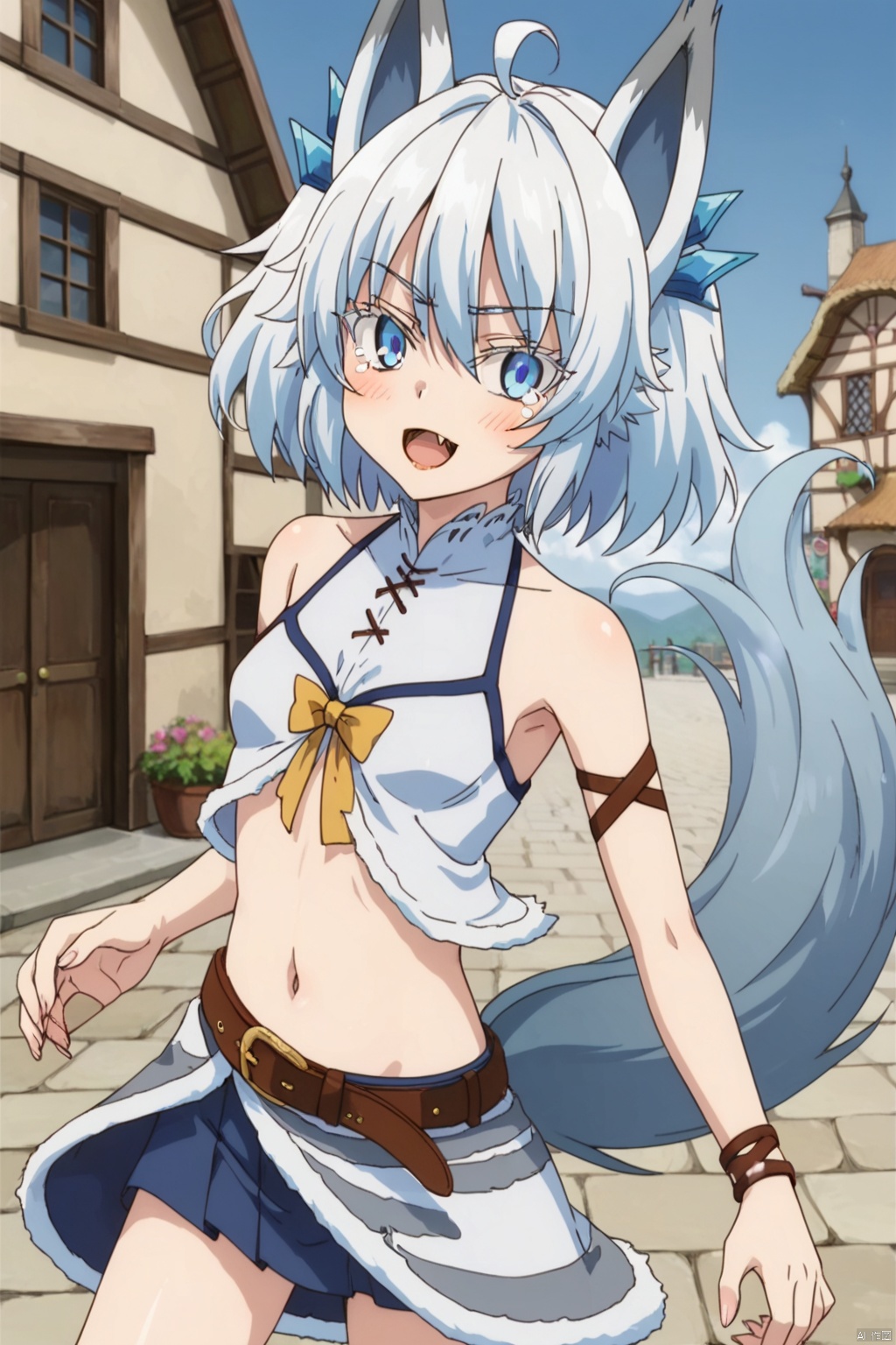 1girl ﻿ ,solo ﻿, looking at viewer ﻿ ,short hair , open mouth ﻿ ,blue eyes ,﻿ skirt ﻿,﻿ navel ,﻿ animal ears, ﻿ blue hair ﻿ ,tail ﻿,ahoge ﻿ ,white hair ﻿,(one fangs:1.3) ﻿ ,midriff ﻿ belt ﻿ ,wolf ears ,﻿ monster girl, ﻿ claws ﻿ ,wolf tail ,﻿ armlet ﻿, animal hands ﻿ fur,slim,skinny,(village:1.2),(slim:1.5),(skinny:1.2),(blush:1.2),,(tear:1.1)