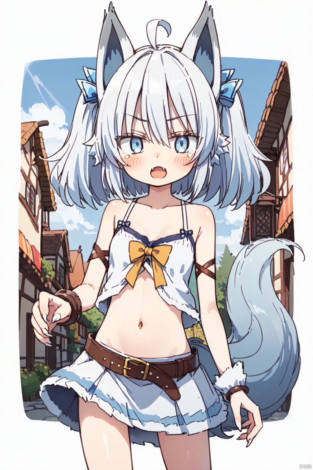 1girl ﻿ ,solo ﻿, looking at viewer ﻿ ,short hair , open mouth ﻿ ,blue eyes ,﻿ skirt ﻿,﻿ navel ,﻿ animal ears, ﻿ blue hair ﻿ ,tail ﻿,ahoge ﻿ ,white hair ﻿,(one fangs:1.3) ﻿ ,midriff ﻿ belt ﻿ ,wolf ears ,﻿ monster girl, ﻿ claws ﻿ ,wolf tail ,﻿ armlet ﻿, animal hands ﻿ fur,slim,skinny,(village:1.2),(slim:1.5),(skinny:1.2),(blush:1.2),,(tear:1.1)