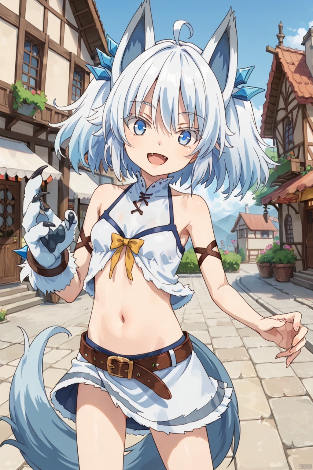 1girl ﻿ ,solo ﻿, looking at viewer ﻿ ,smile ﻿ ,short hair , open mouth ﻿ ,blue eyes ,﻿ skirt ﻿,﻿ navel ,﻿ animal ears, ﻿ blue hair ﻿ ,tail ﻿,ahoge ﻿ ,white hair ﻿,fang ﻿ ,midriff ﻿ belt ﻿ ,wolf ears ,﻿ monster girl, ﻿ claws ﻿ ,wolf tail ,﻿ armlet ﻿, animal hands ﻿ fur,slim,skinny,village,(slim:1.5),(skinny:1.2)