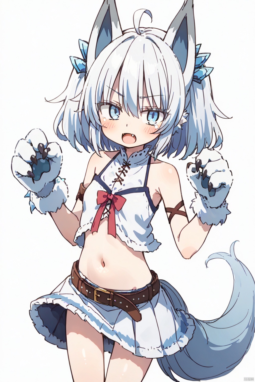 1girl ﻿ ,solo ﻿, looking at viewer ﻿ ,short hair , open mouth ﻿ ,blue eyes ,﻿ skirt ﻿,﻿ navel ,﻿ animal ears, ﻿ blue hair ﻿ ,tail ﻿,ahoge ﻿ ,white hair ﻿,(one fangs:1.3) ﻿ ,midriff ﻿ belt ﻿ ,wolf ears ,﻿ monster girl, ﻿ claws ﻿ ,wolf tail ,﻿ armlet ﻿, animal hands ﻿ fur,slim,skinny,village,(slim:1.5),(skinny:1.2),(blush:1.2),,(tear:1.1)