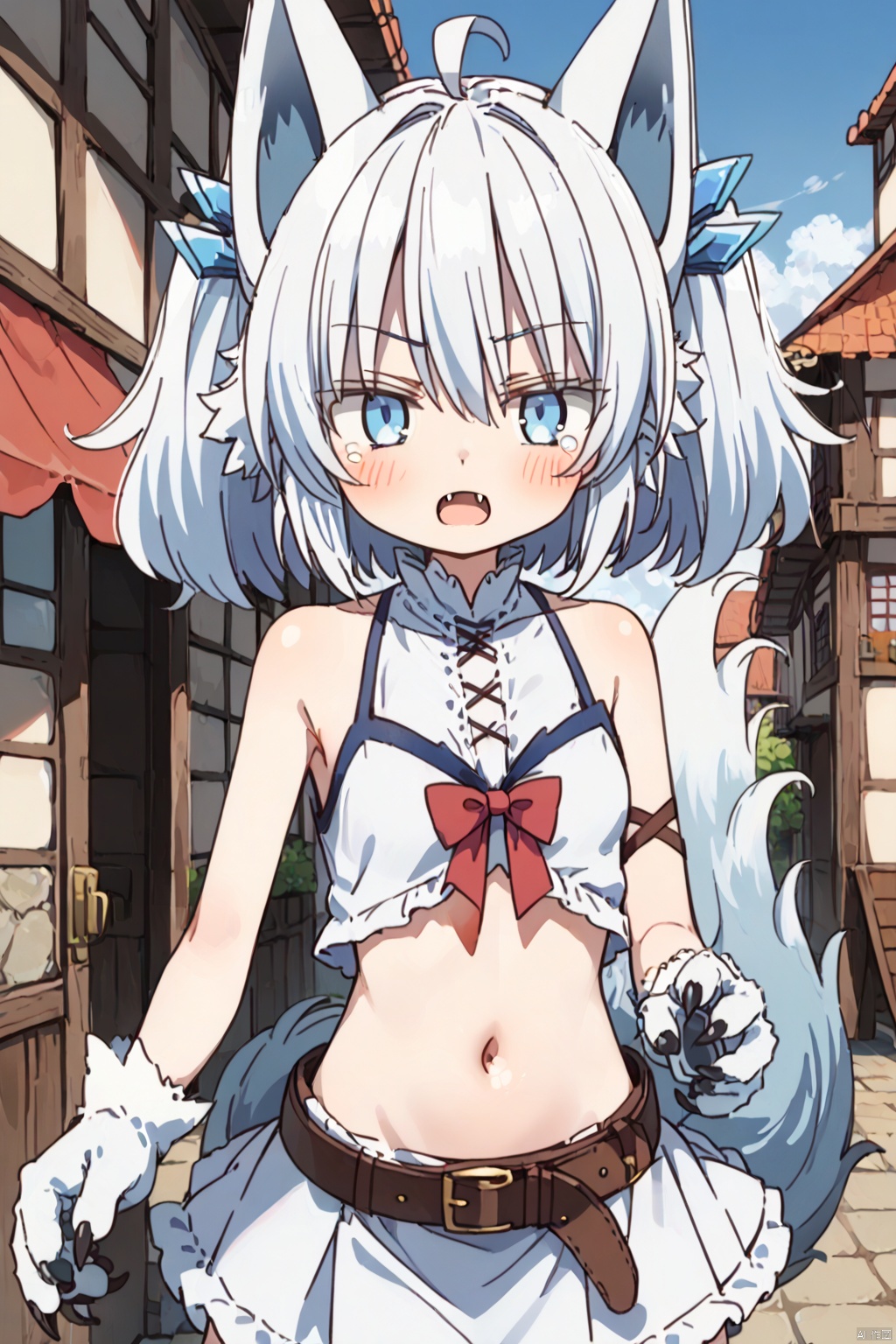 1girl ﻿ ,solo ﻿, looking at viewer ﻿ ,short hair , open mouth ﻿ ,blue eyes ,﻿ skirt ﻿,﻿ navel ,﻿ animal ears, ﻿ blue hair ﻿ ,tail ﻿,ahoge ﻿ ,white hair ﻿,(one fangs:1.3) ﻿ ,midriff ﻿ belt ﻿ ,wolf ears ,﻿ monster girl, ﻿ claws ﻿ ,wolf tail ,﻿ armlet ﻿, animal hands ﻿ fur,slim,skinny,village,(slim:1.5),(skinny:1.2),(blush:1.2),,(tear:1.1)