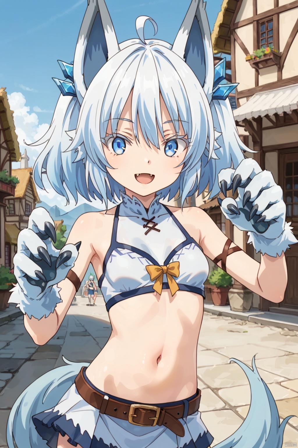1girl ﻿ ,solo ﻿, looking at viewer ﻿ ,smile ﻿ ,short hair , open mouth ﻿ ,blue eyes ,﻿ skirt ﻿,﻿ navel ,﻿ animal ears, ﻿ blue hair ﻿ ,tail ﻿,ahoge ﻿ ,white hair ﻿,fang ﻿ ,midriff ﻿ belt ﻿ ,wolf ears ,﻿ monster girl, ﻿ claws ﻿ ,wolf tail ,﻿ armlet ﻿, animal hands ﻿ fur,slim,skinny,village,(slim:1.5),(skinny:1.2)
