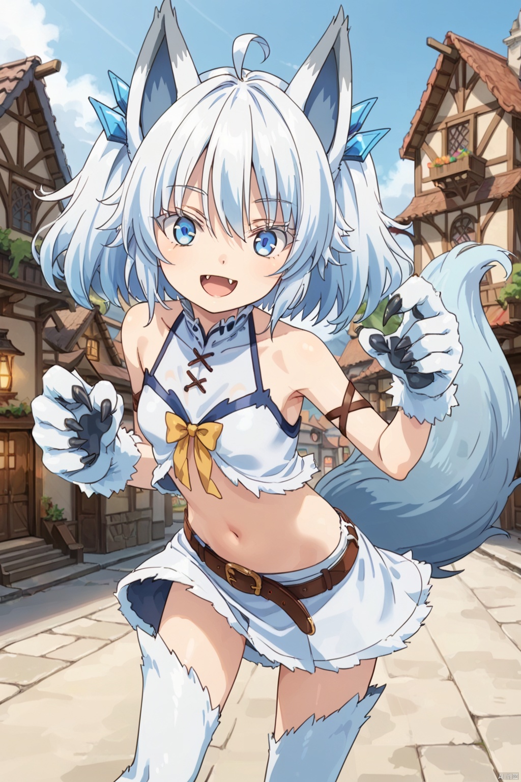 1girl ﻿ ,solo ﻿, looking at viewer ﻿ ,smile ﻿ ,short hair , open mouth ﻿ ,blue eyes ,﻿ skirt ﻿,﻿ navel ,﻿ animal ears, ﻿ blue hair ﻿ ,tail ﻿,ahoge ﻿ ,white hair ﻿,fang ﻿ ,midriff ﻿ belt ﻿ ,wolf ears ,﻿ monster girl, ﻿ claws ﻿ ,wolf tail ,﻿ armlet ﻿, animal hands ﻿ fur,slim,skinny,village,(slim:1.5),(skinny:1.2)