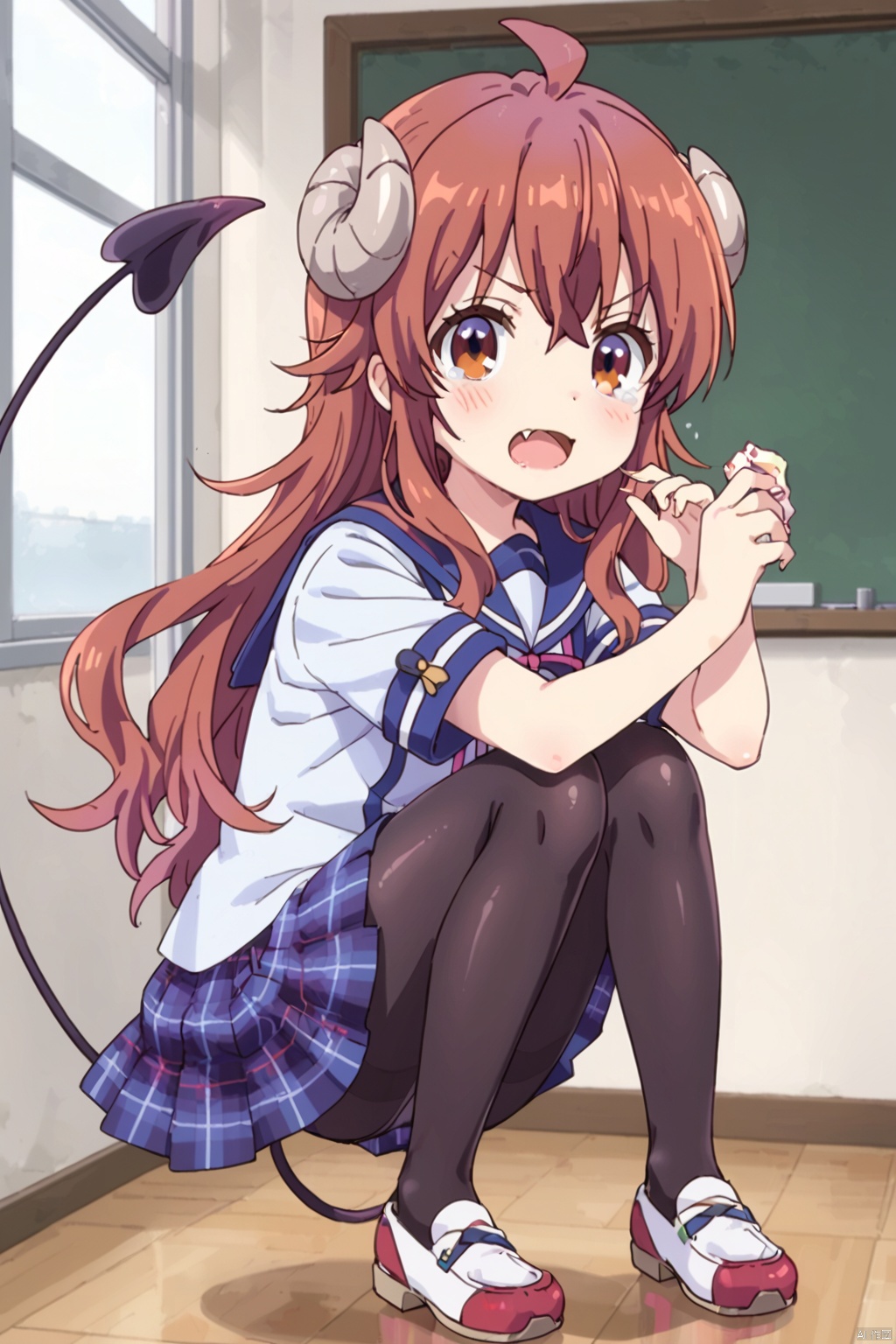 1girl,solo,long hair,looking at viewer,blush,open mouth,skirt,brown hair,brown eyes,school uniform,tail,ahoge,horns,shoes,(one fangs:1.3),shiny,tears,shiny hair,plaid ﻿ black,((pantyhose:1.3)),plaid skirt,demon girl,demon horns,demon tail,curled horns,yoshida yuuko \(machikado mazoku\)
