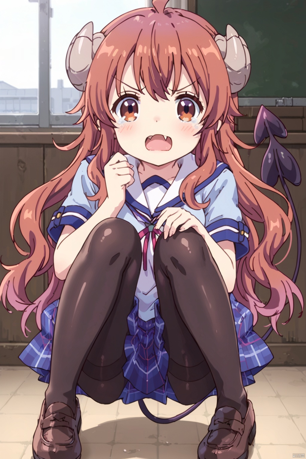 1girl,solo,long hair,looking at viewer,blush,open mouth,skirt,brown hair,brown eyes,school uniform,tail,ahoge,horns,shoes,(one fangs:1.3),shiny,tears,shiny hair,plaid ﻿ black,((pantyhose:1.3)),plaid skirt,demon girl,demon horns,demon tail,curled horns,yoshida yuuko \(machikado mazoku\)