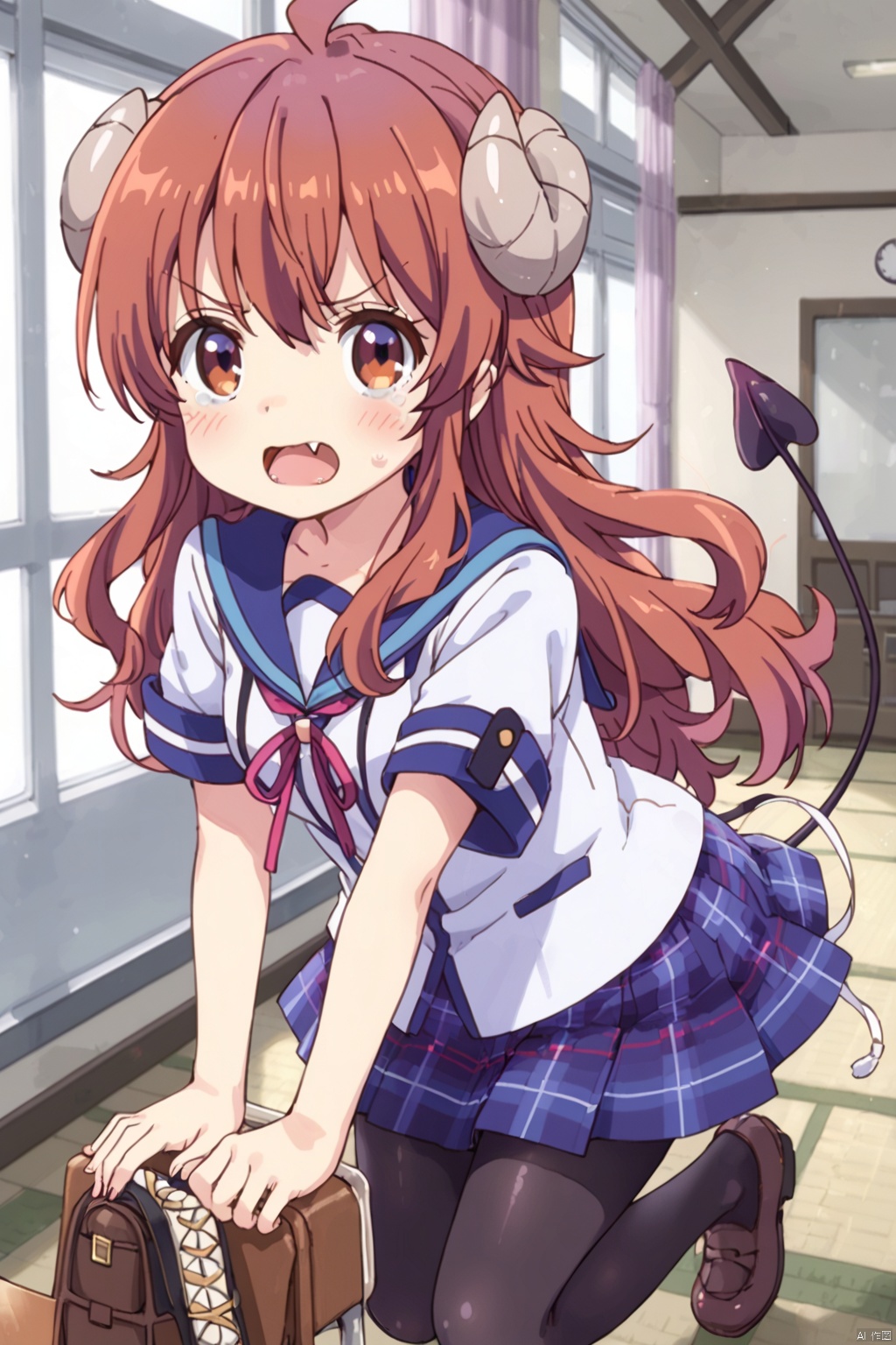 1girl,solo,long hair,looking at viewer,blush,open mouth,skirt,brown hair,brown eyes,school uniform,tail,ahoge,horns,shoes,(one fangs:1.3),shiny,tears,shiny hair,plaid ﻿ black,((pantyhose:1.3)),plaid skirt,demon girl,demon horns,demon tail,curled horns,yoshida yuuko \(machikado mazoku\)