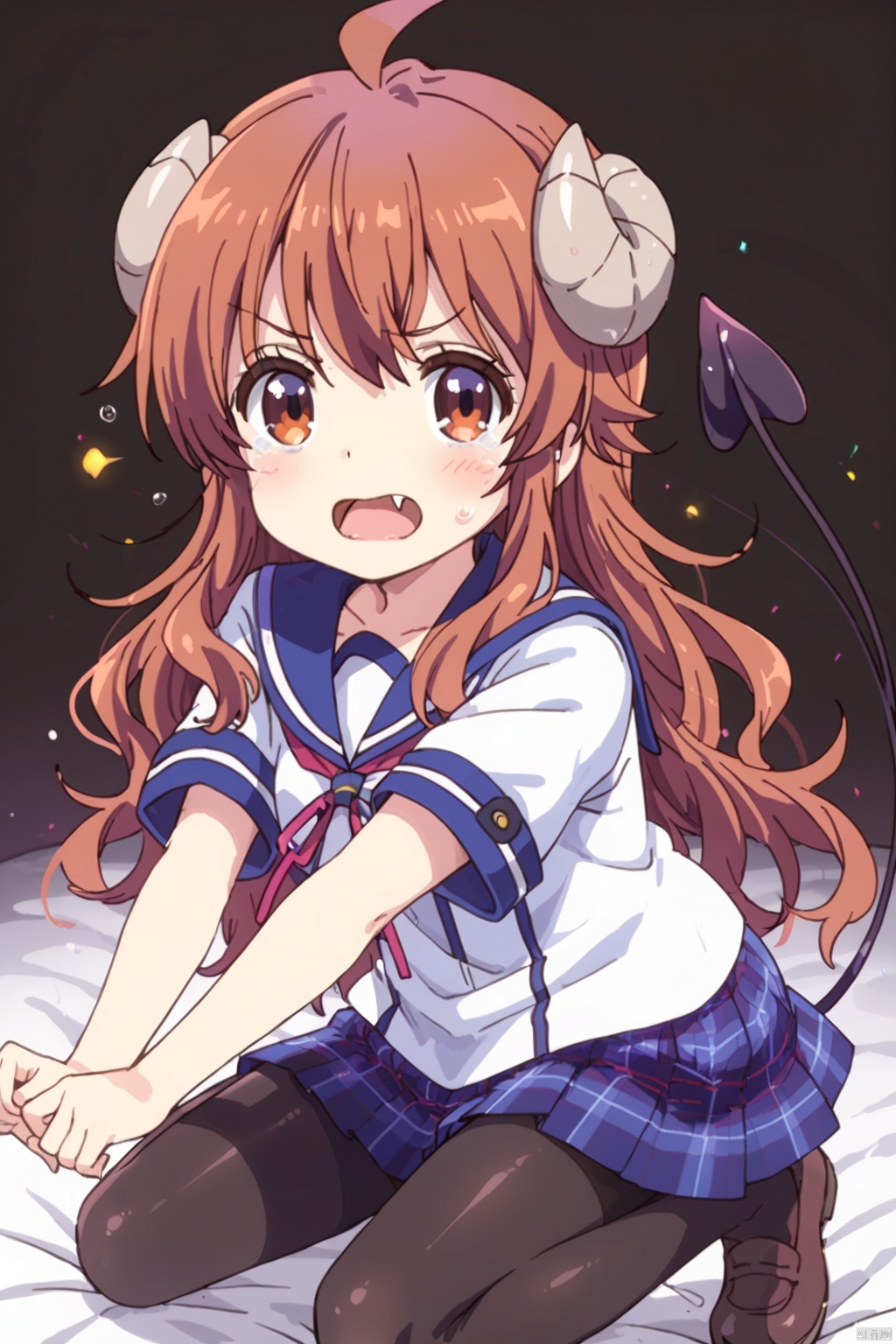 1girl,solo,long hair,looking at viewer,blush,open mouth,skirt,brown hair,brown eyes,school uniform,tail,ahoge,horns,shoes,(one fangs:1.3),shiny,tears,shiny hair,plaid ﻿ black,((pantyhose:1.3)),plaid skirt,demon girl,demon horns,demon tail,curled horns,yoshida yuuko \(machikado mazoku\)