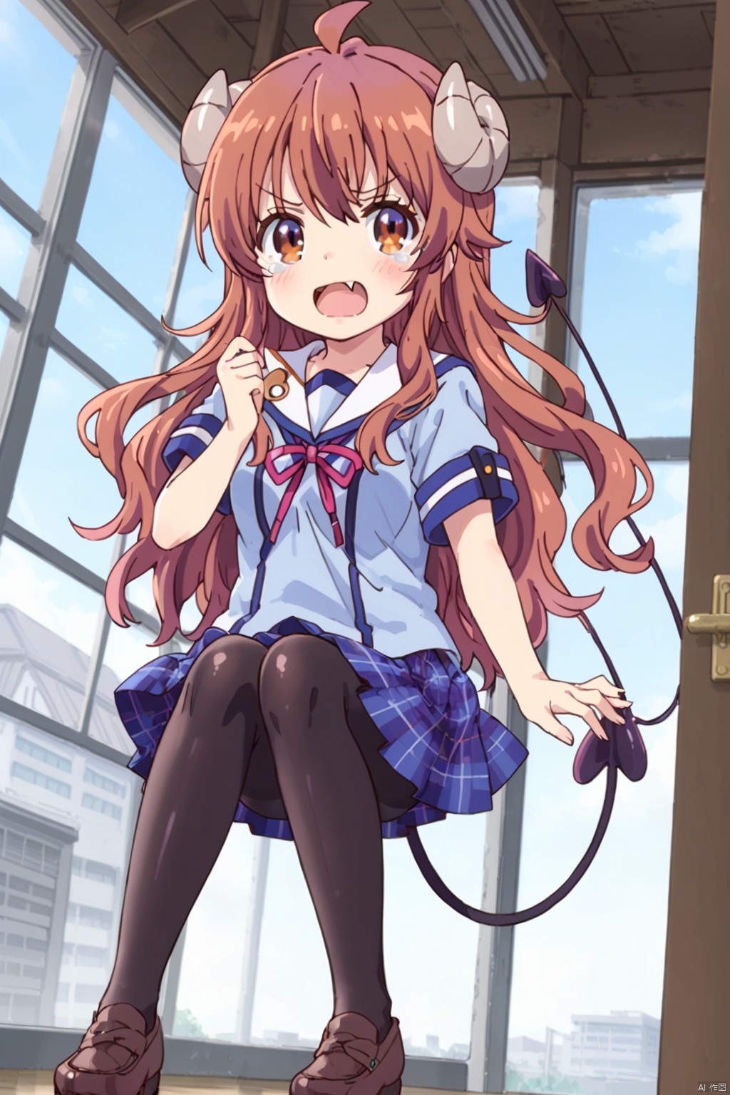 1girl,solo,long hair,looking at viewer,blush,open mouth,skirt,brown hair,brown eyes,school uniform,tail,ahoge,horns,shoes,(one fangs:1.3),shiny,tears,shiny hair,plaid ﻿ black,((pantyhose:1.3)),plaid skirt,demon girl,demon horns,demon tail,curled horns,yoshida yuuko \(machikado mazoku\)