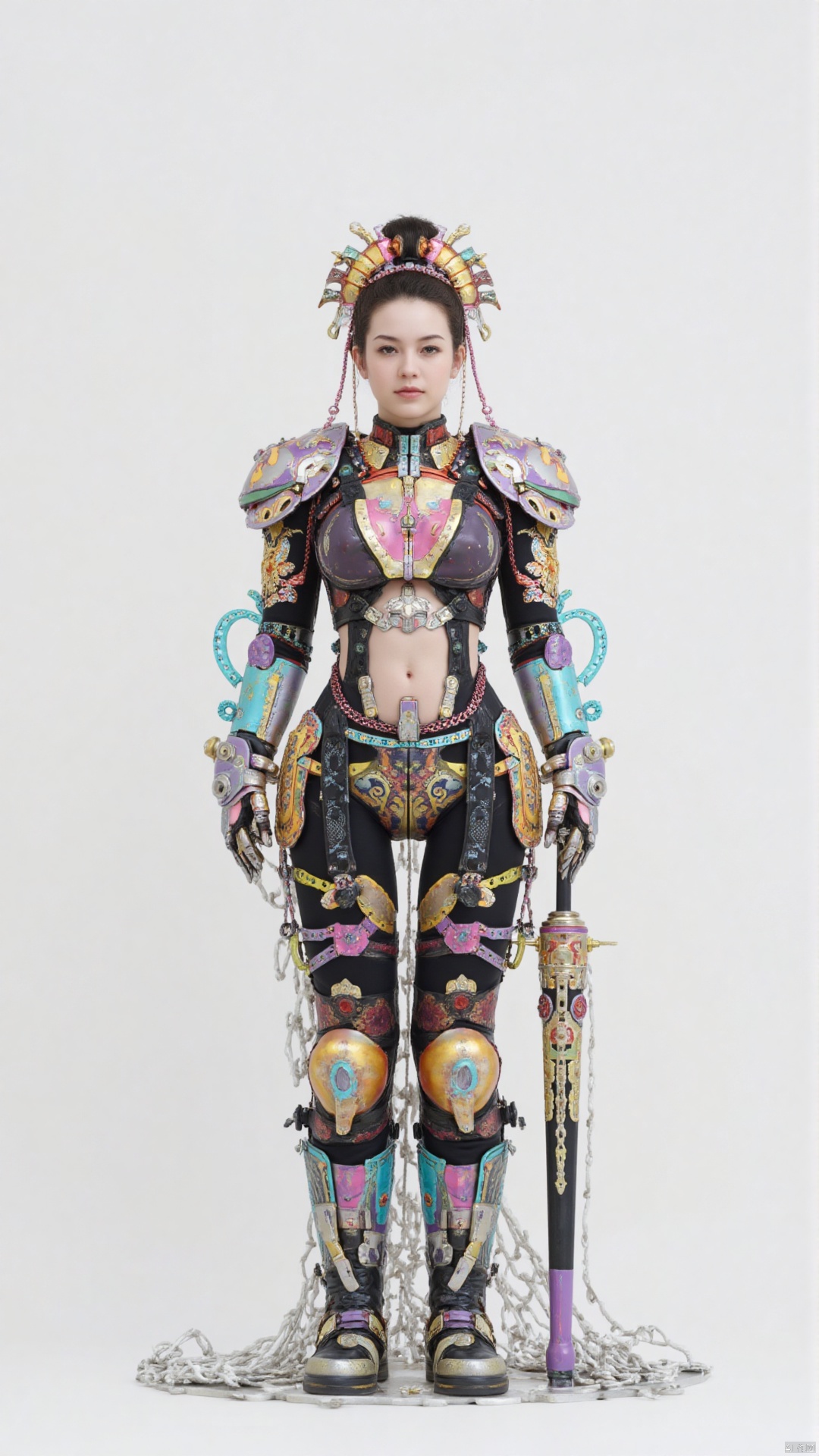 Character: Sophie Wilkins, traditional Chinese door god, holding a weapon and wearing colorful armor, body composed of different mechanical parts, whole body frosted, mechanical punk style, circuit style, precision machinery composition. Environment: White background. Atmosphere: Futurism, with video feedback loops, futuristic installations, multi-layered translucency, industrial machine aesthetics, Chinese folk art style, reflecting the classical beauty of the Tang Dynasty, surrealism. Quality: 8K, CG realism style, full of technical sense of 3D rendering, high resolution, high details, high quality, masterpiece, best quality. best quality,masterpiece