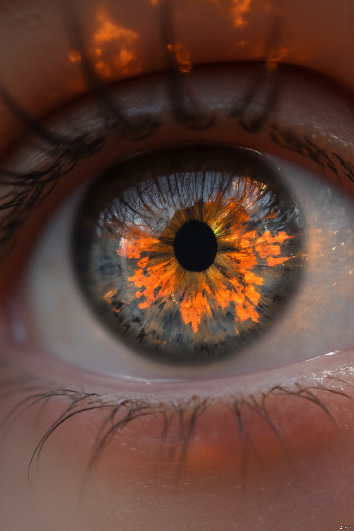 A close-up of the eye with autumn leaves reflecting in the iris symbolizes emotional changes to create content. The focus is on conveying intricate details and vivid colors to convey depth and emotion, in the style of hyper-realistic photography. Beautiful Female Eye. Fantastic phone wallpaper