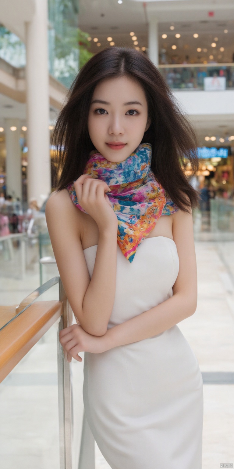 A Chinese beauty with long, flowing, pitch-black and lustrous hair, had a colorful and elegantly textured silk scarf draped around her neck, adding a touch of tenderness and charm to her attire. She was wearing a simple white, luxurious sleeveless dress, her figure slim and her skin fair as snow. Standing in an upscale shopping mall in Seoul, she fully displayed the elegance and style of a modern urban woman. 