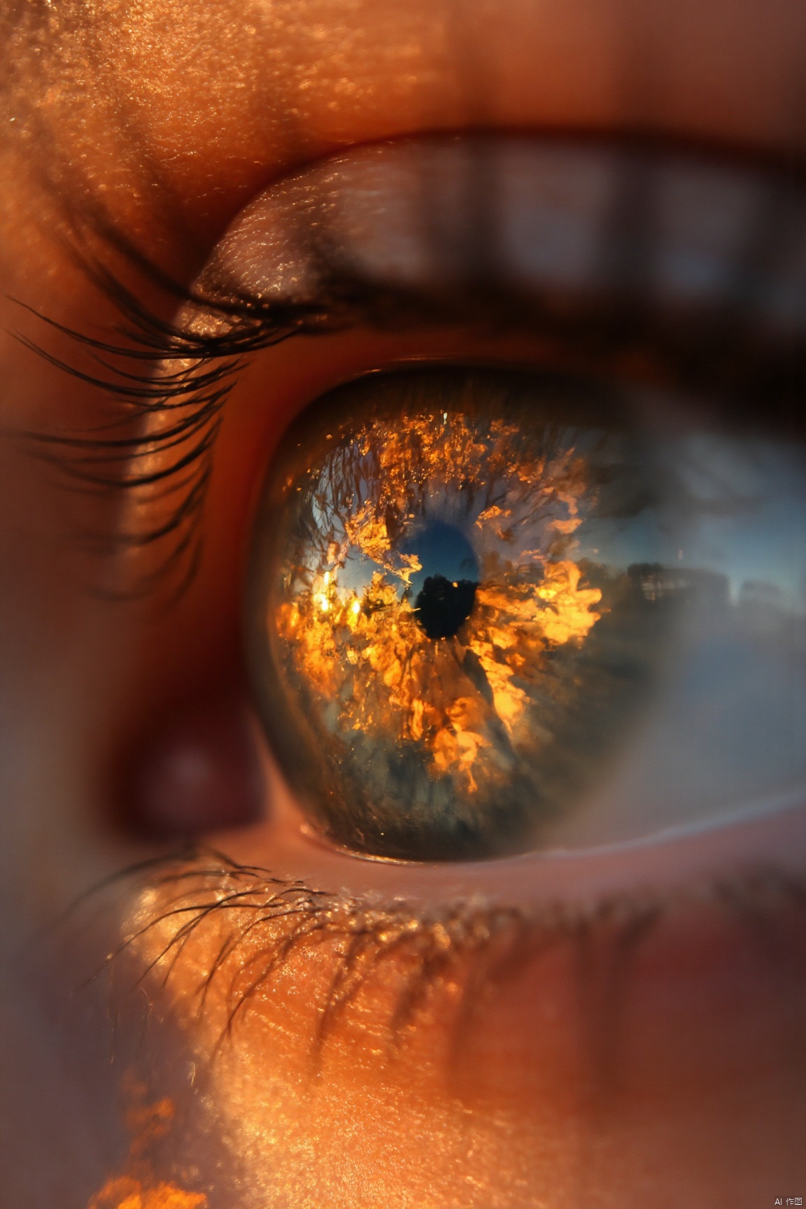 A close-up of the eye with autumn leaves reflecting in the iris symbolizes emotional changes to create content. The focus is on conveying intricate details and vivid colors to convey depth and emotion, in the style of hyper-realistic photography. Beautiful Female Eye. Fantastic phone wallpaper