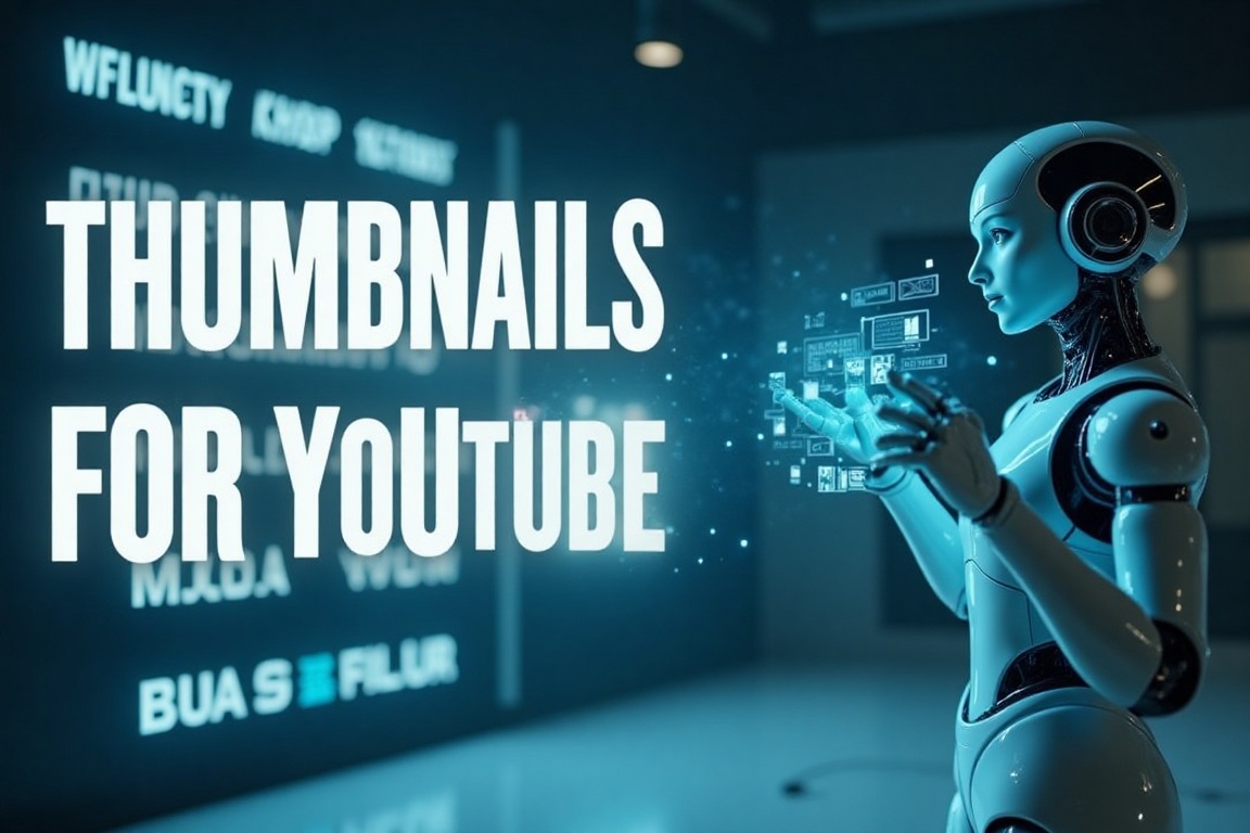 A wide shot with large,  modern,  solid white letters on the left side that perfectly say THUMBNAILS FOR YOUTUBE on Tensor...