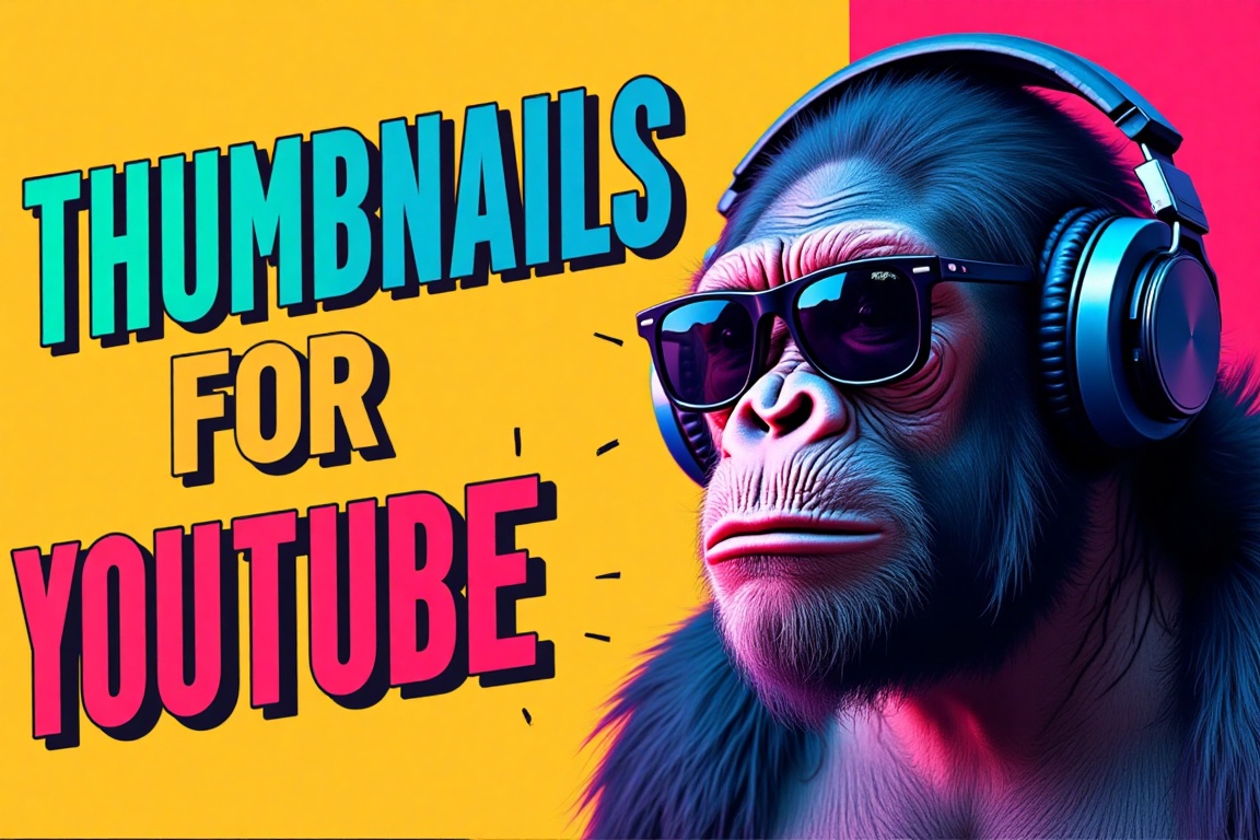 A wide shot with an ape wearing sunglasses and large headphones on the right side,  depicted in a vibrant pop art illustra...