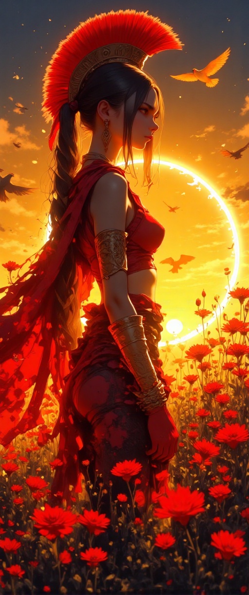 In the style of frank frazzeta,  a magnificent A majestic Spartan warrior stands tall in a lush field of wildflowers at su...