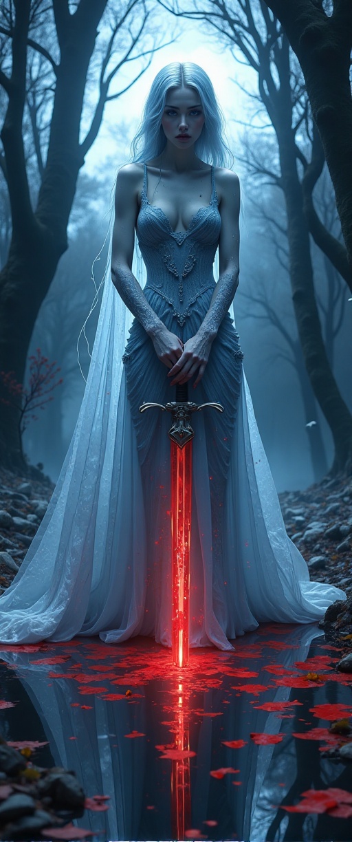 A Luminogram of an ice queen,  dripping with crimson blood,  wielding a sword that shoots fire and water on Tensor.Art