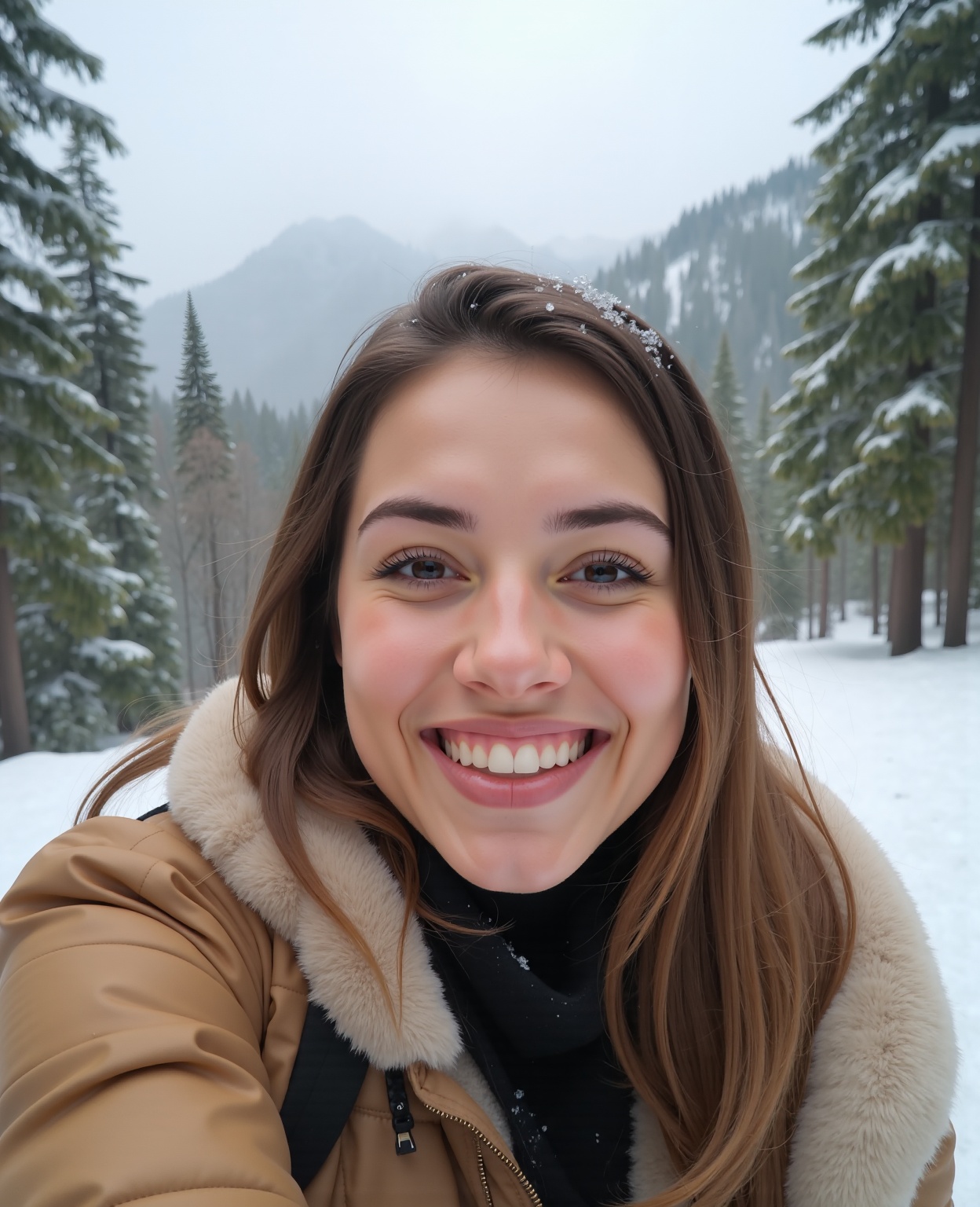 A young woman with a bright smile and radiant expression takes a joyful selfie against a breathtaking snowy forest backdro...