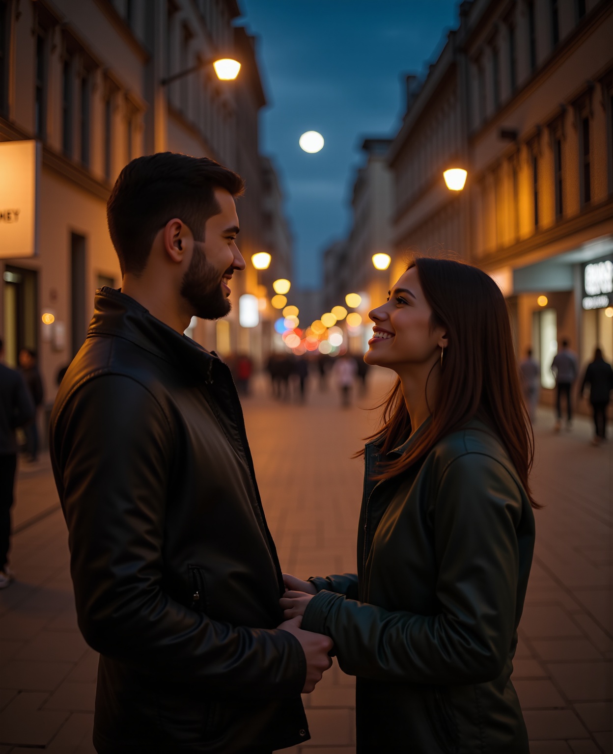 Close-up of a happy couple embracing each other's hands on a moonlit street at night. Soft focus captures their smiling fa...