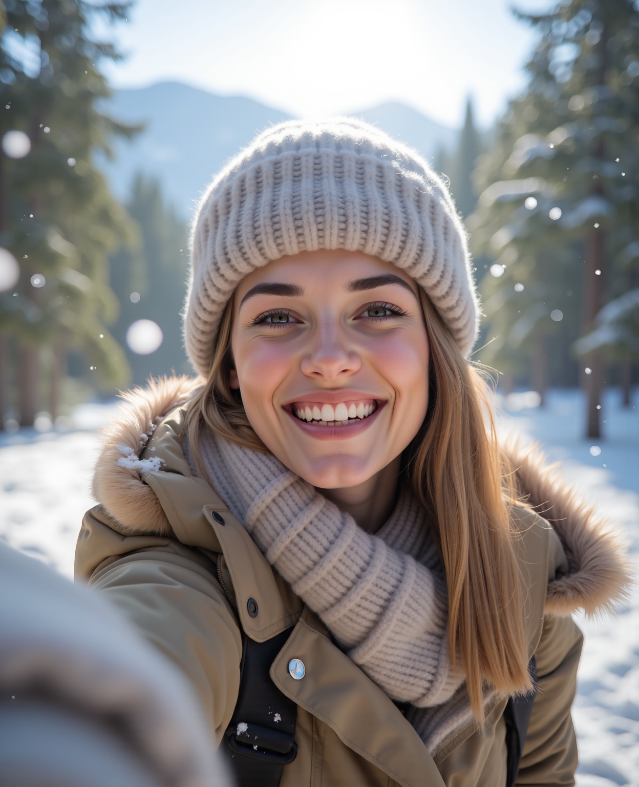A young woman with a bright smile and radiant expression takes a joyful selfie against a breathtaking snowy forest backdro...